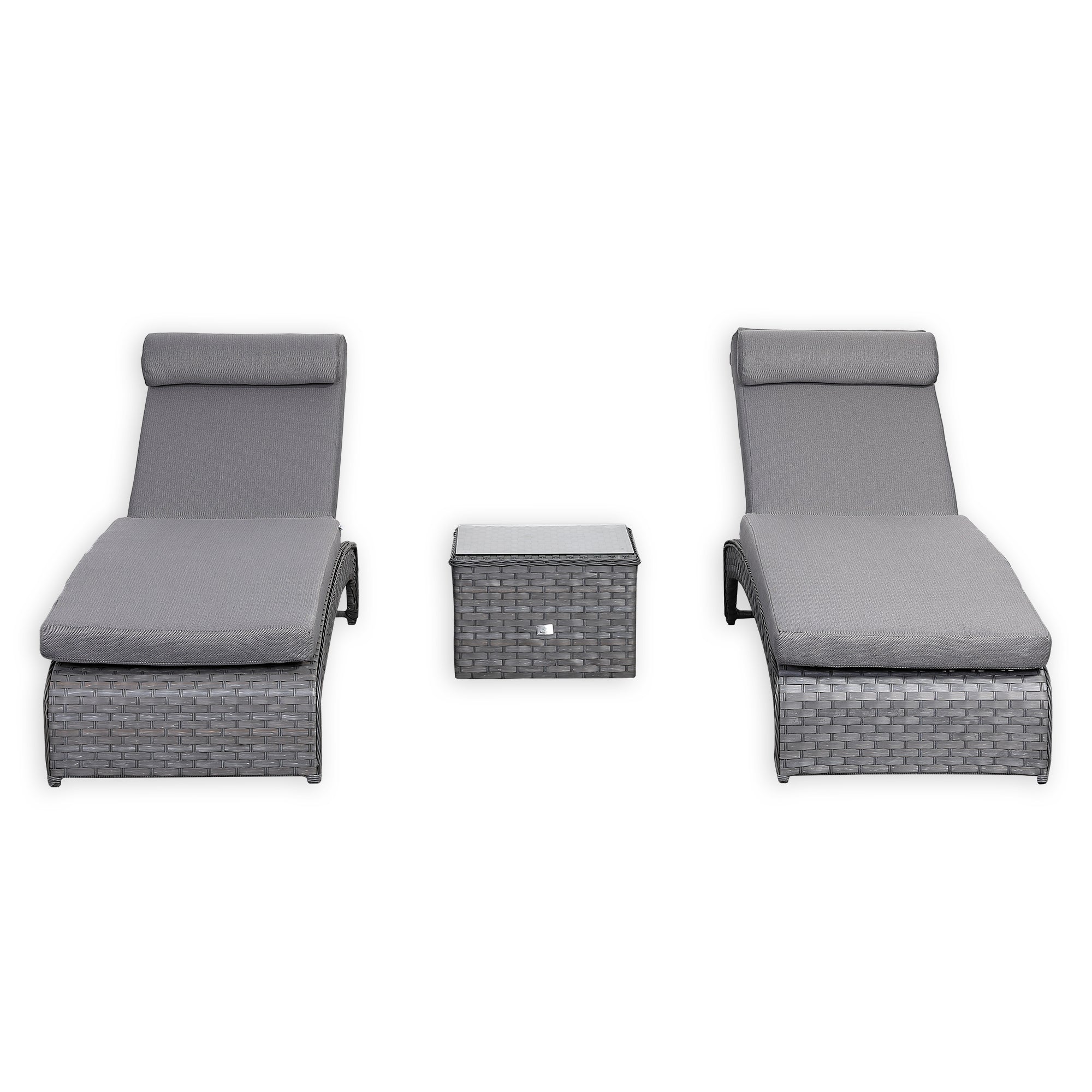 Victoria Range Pair of Sun loungers with Side Table, in Slate Grey Weave and Dark Grey Cushions(#516)