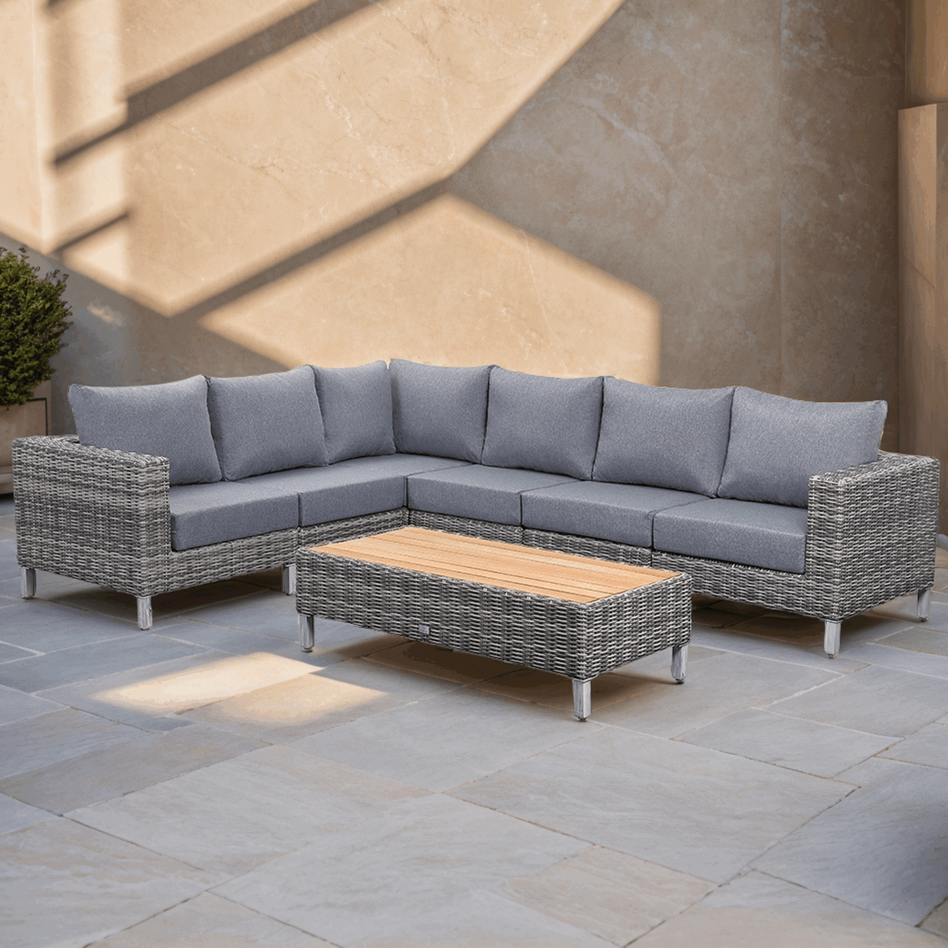 St Lawrence Range Large modular  Corner Sofa Set in Round Grey Rattan with Grey Cushions and Teak Wood Table Top(#GG18)