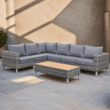 St Lawrence Range Large modular  Corner Sofa Set in Round Grey Rattan with Grey Cushions and Teak Wood Table Top(#GG18)
