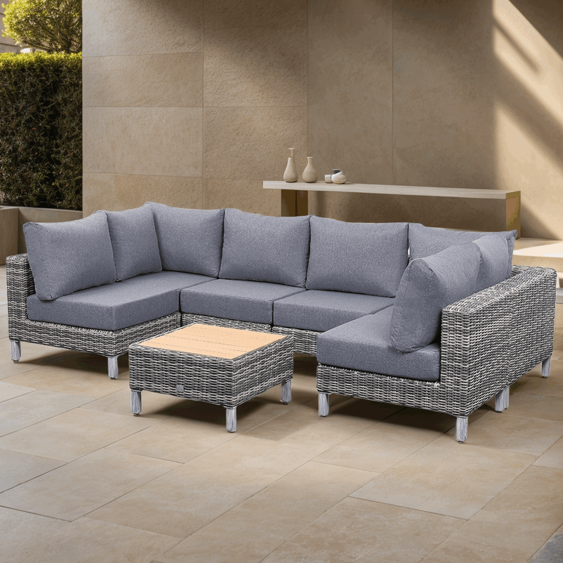 St Lawrence Range U-Shape modular Corner Sofa Set in Round Grey Rattan with Grey Cushions and Teak Wood Table Top(#GG17)