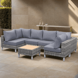 St Lawrence Range U-Shape modular Corner Sofa Set in Round Grey Rattan with Grey Cushions and Teak Wood Table Top(#GG17)