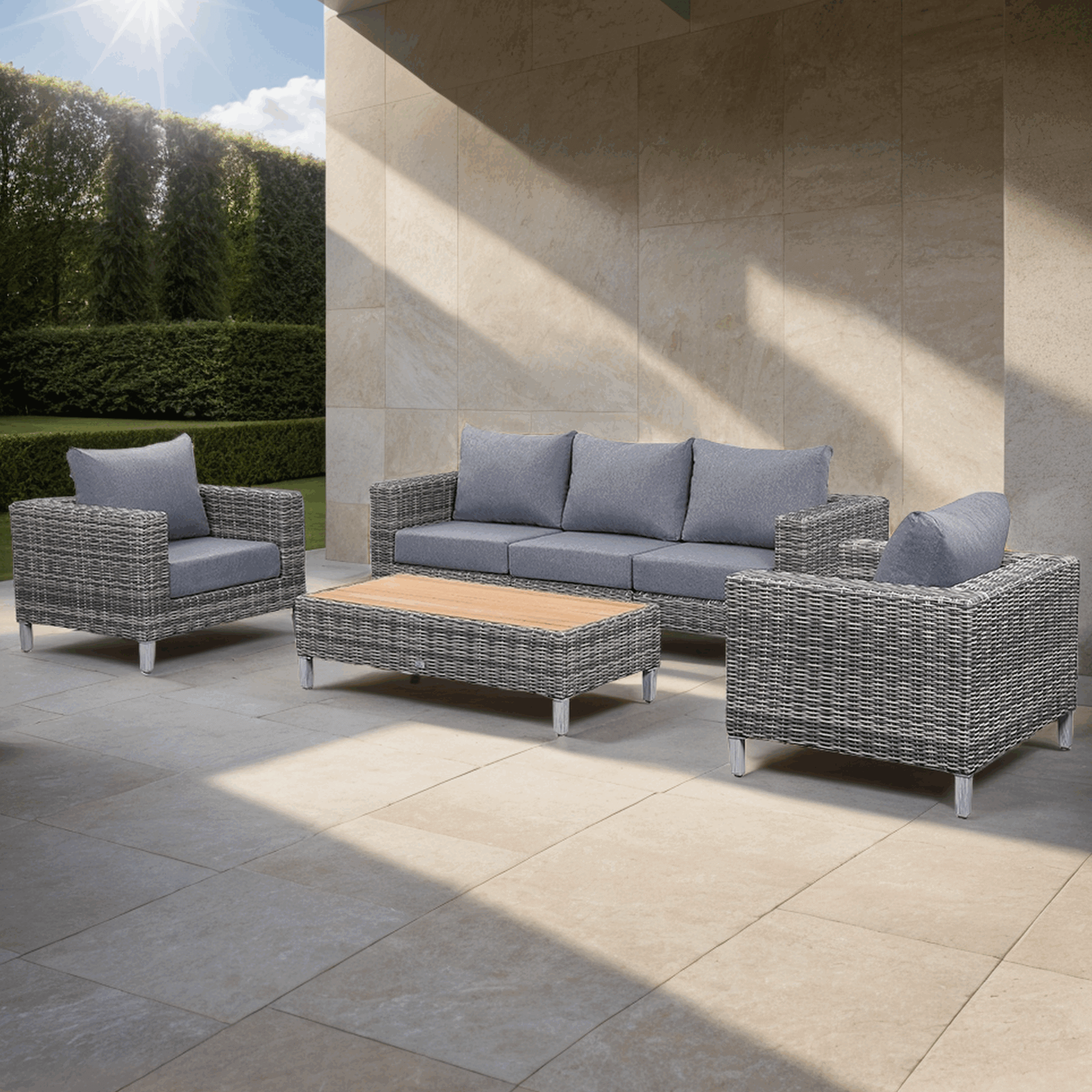 St Lawrence Range Large modular Sofa Set in Round Grey Rattan with Cushions and Teak Wood Table Top(#GG19)
