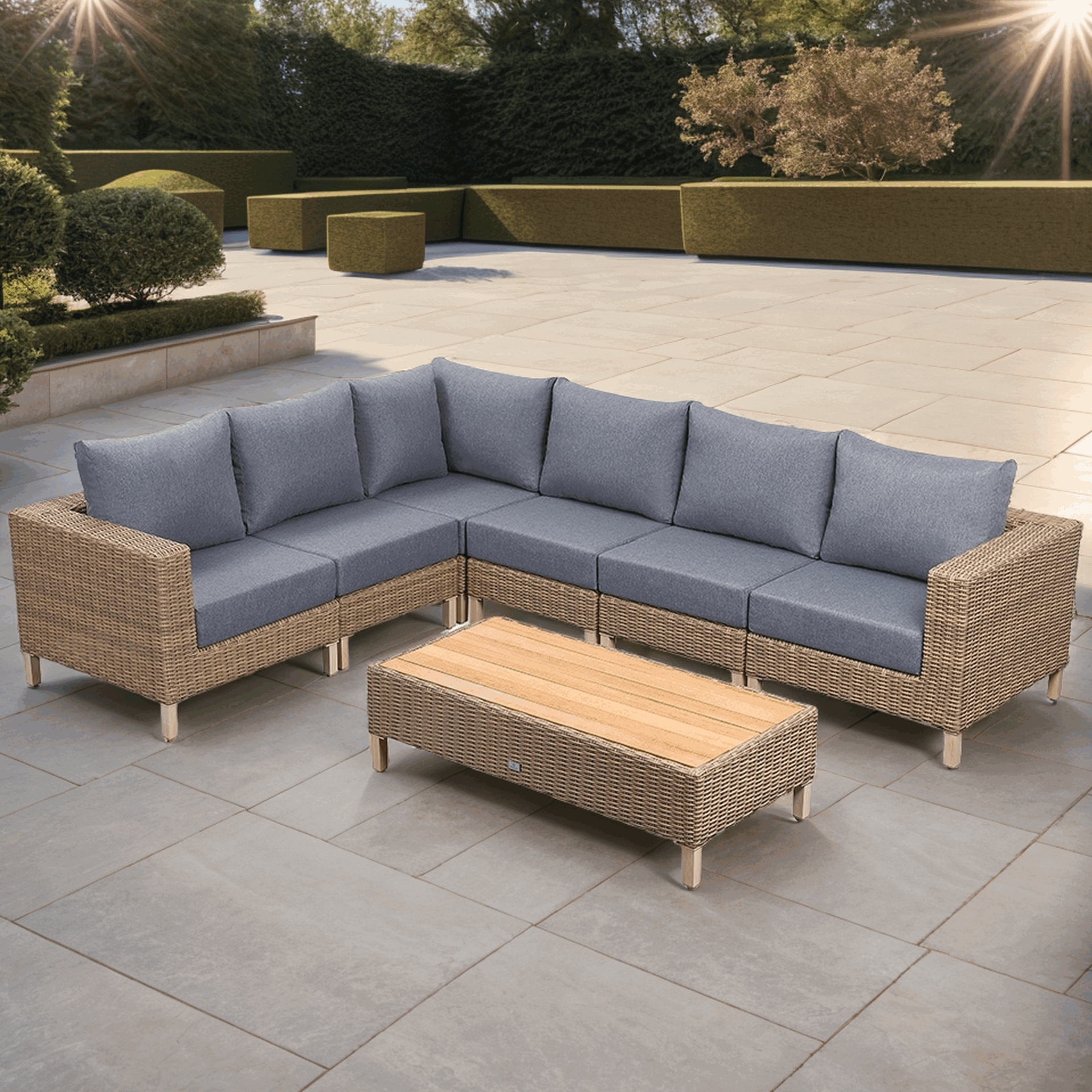 St Lawrence Range large modular  Corner Sofa Set in Round Brown Rattan with Cushions and Teak Wood Table Top(#BG03)