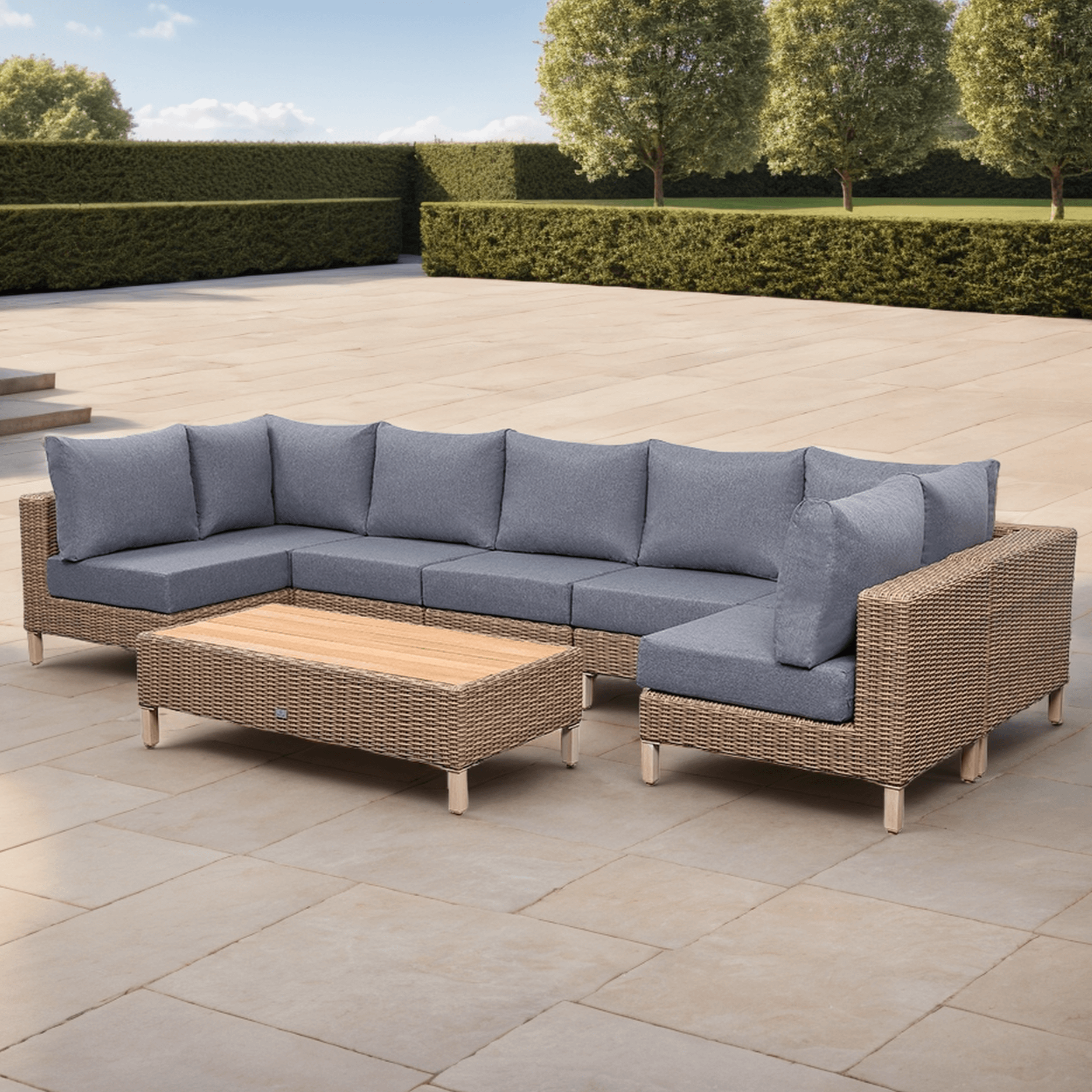 St Lawrence Range Large Modular U-Shape Corner Sofa in Round Brown Rattan with Cushions and Teak Wood Table Top(#BG05)