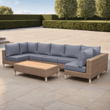 St Lawrence Range Large Modular U-Shape Corner Sofa in Round Brown Rattan with Cushions and Teak Wood Table Top(#BG05)