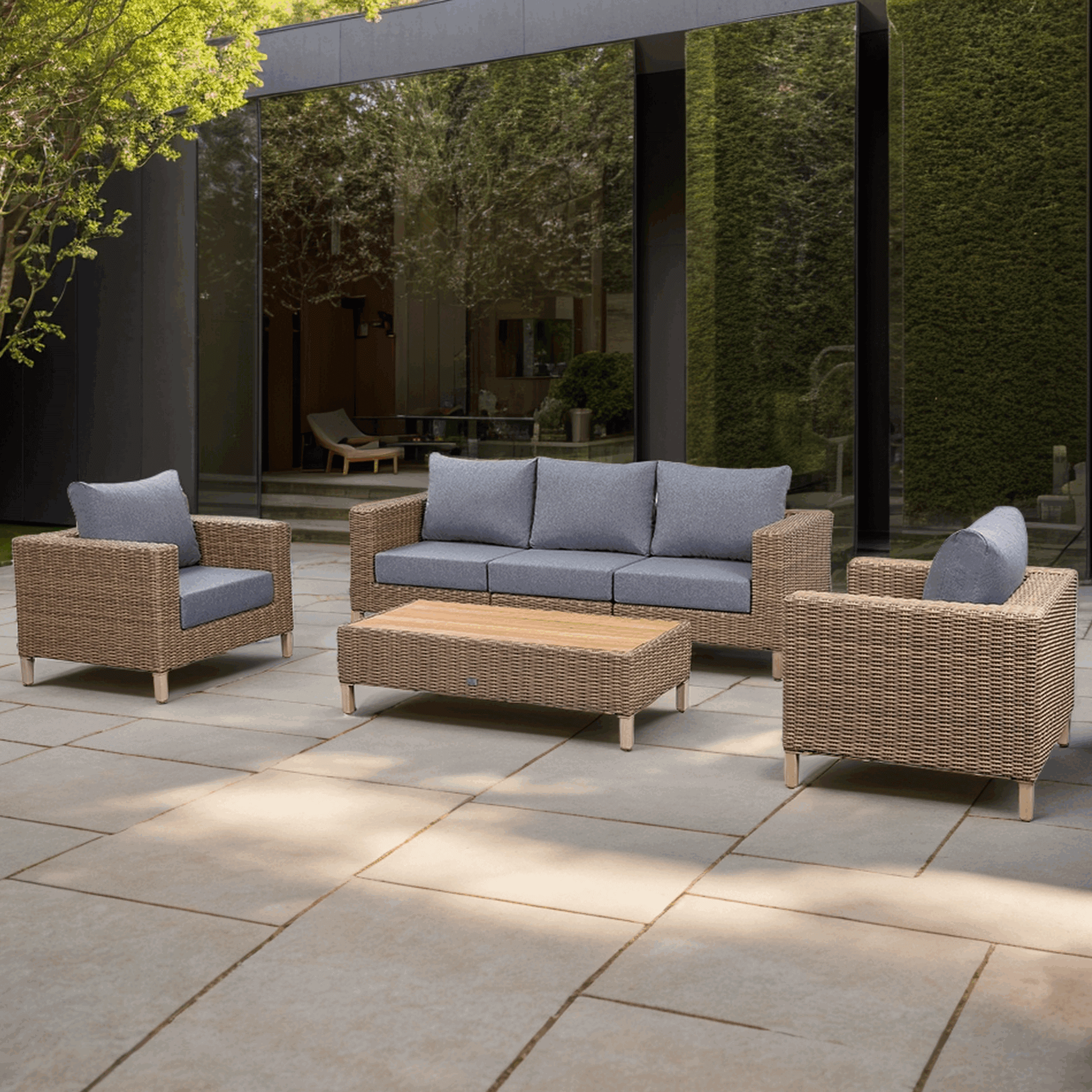 St Lawrence Range Large Modular Sofa Set in Round Brown Rattan with Cushions and Teak Wood Table Top(#BG04)