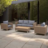 St Lawrence Range Large Modular Sofa Set in Round Brown Rattan with Cushions and Teak Wood Table Top(#BG04)