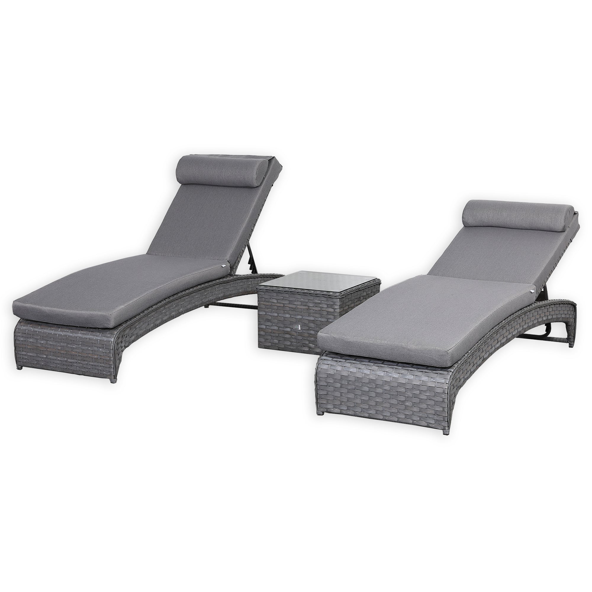 Victoria Range Pair of Sun loungers with Side Table, in Slate Grey Weave and Dark Grey Cushions(#516)