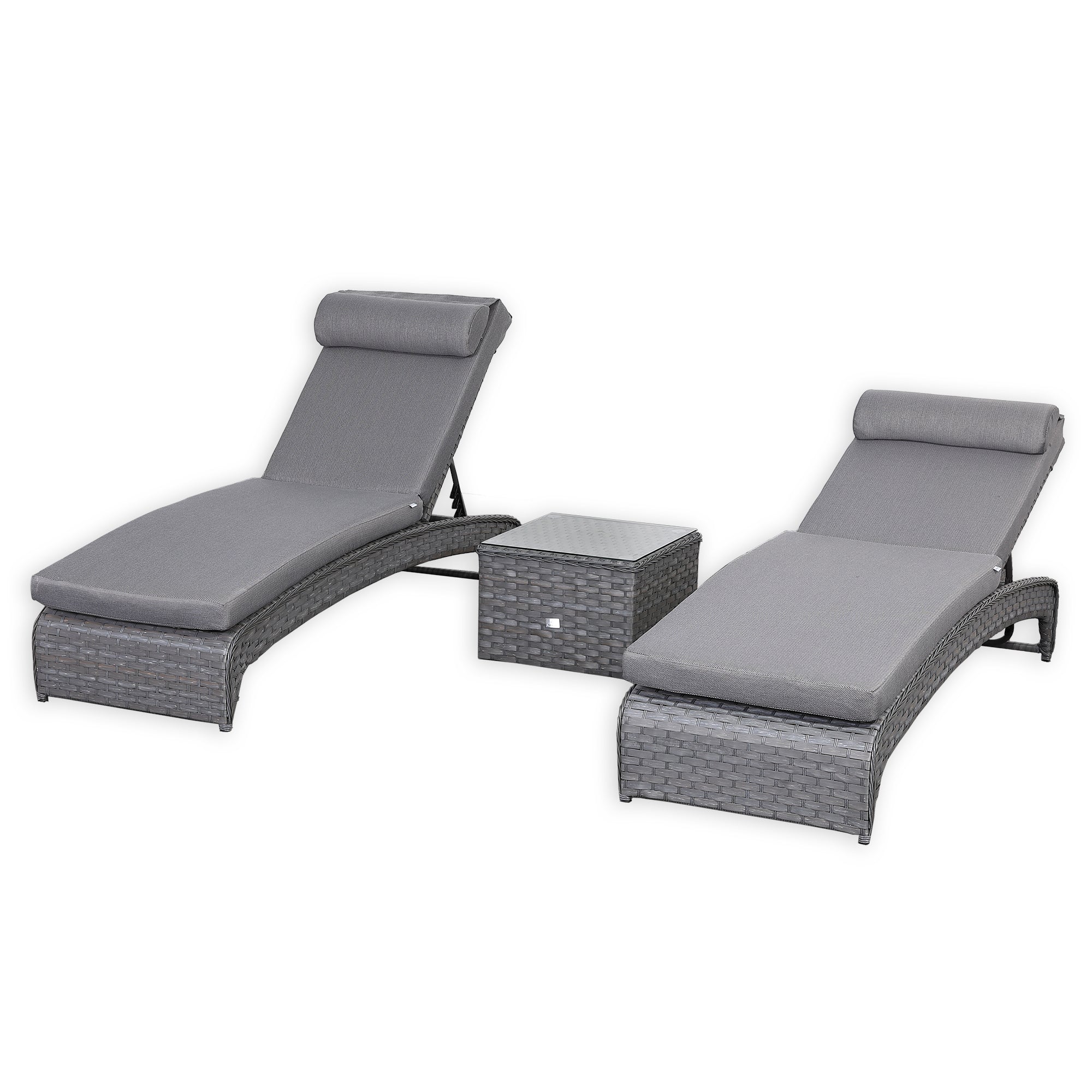 Victoria Range Pair of Sun loungers with Side Table, in Slate Grey Weave and Dark Grey Cushions(#516)