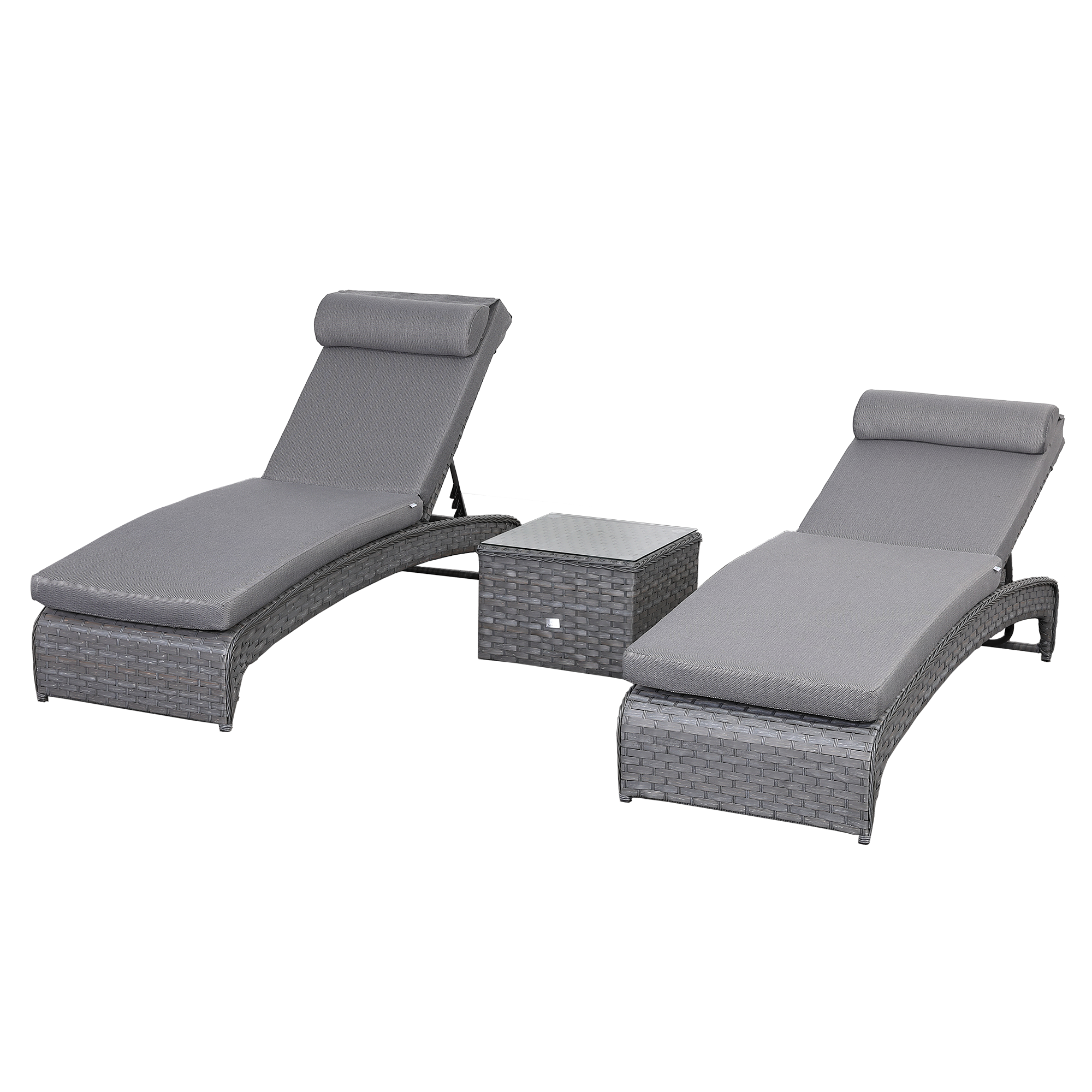 Victoria Range Pair of Sun loungers with Side Table, in Slate Grey Weave and Dark Grey Cushions(#516)