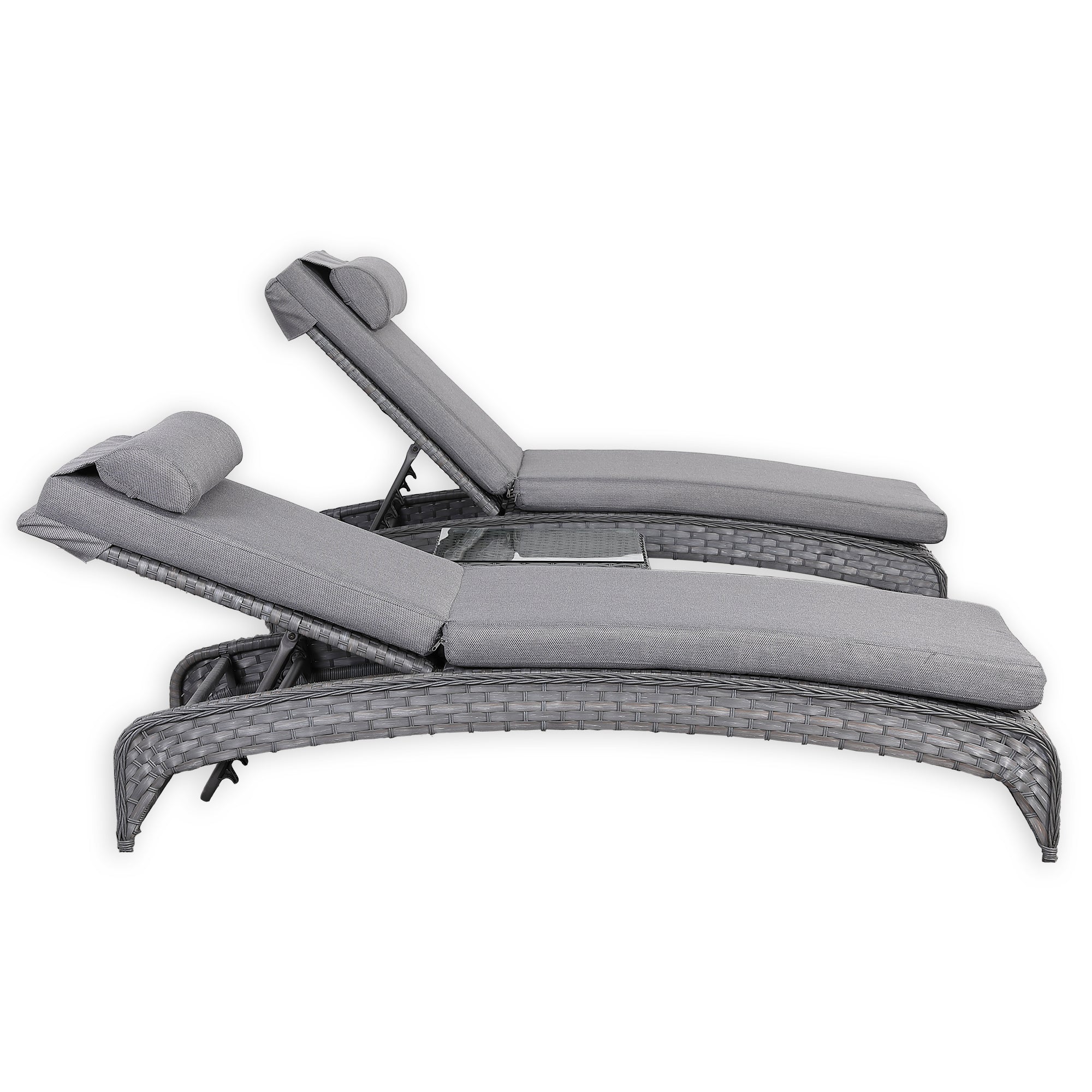 Victoria Range Pair of Sun loungers with Side Table, in Slate Grey Weave and Dark Grey Cushions(#516)