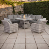 Sicily Aluminium High Back Round Corner Set with Rising Fire Pit Table and Two Chairs in Grey Weave
