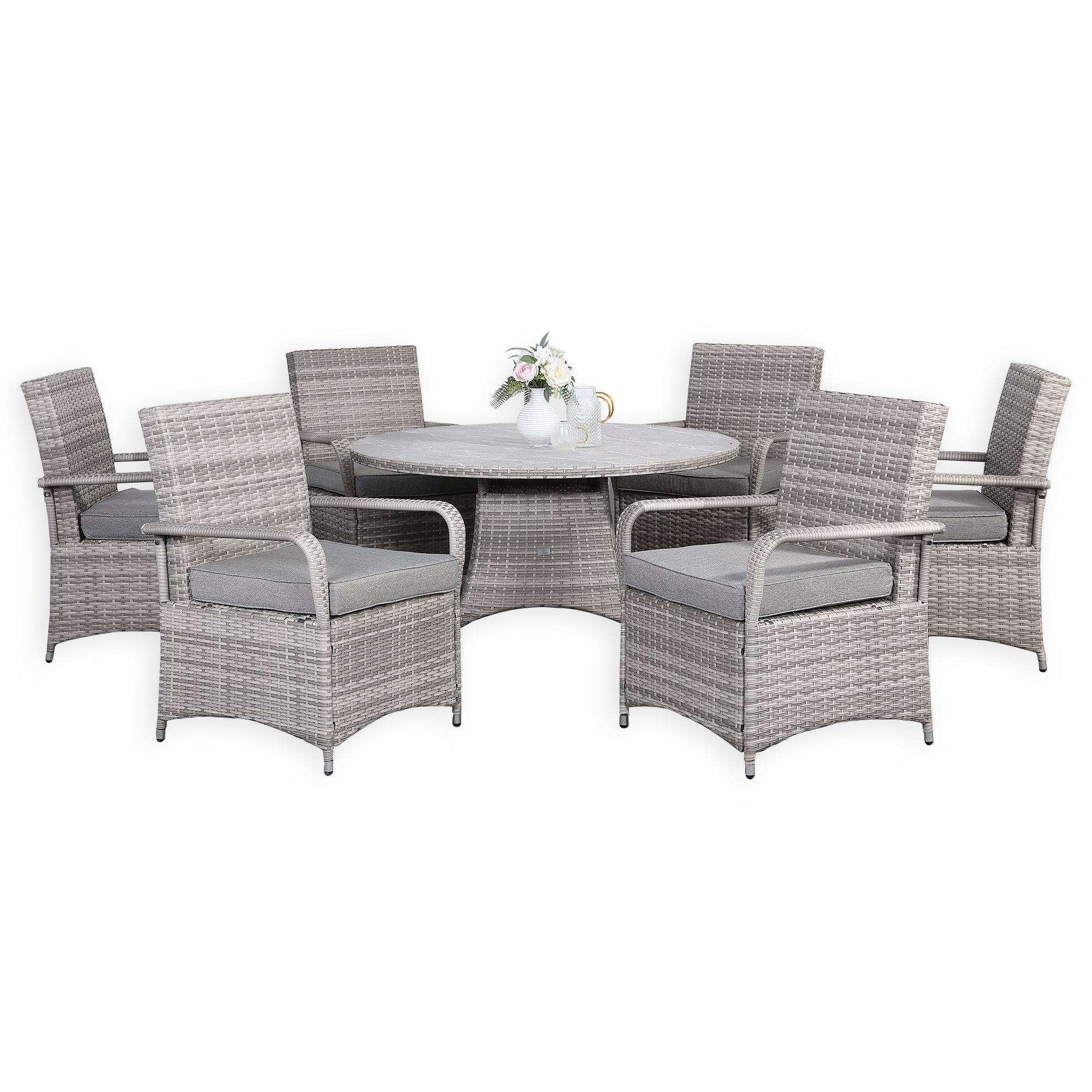 Sicily Spec Range Round Dining Table with 6 Chairs in Light Grey Weave(#908)