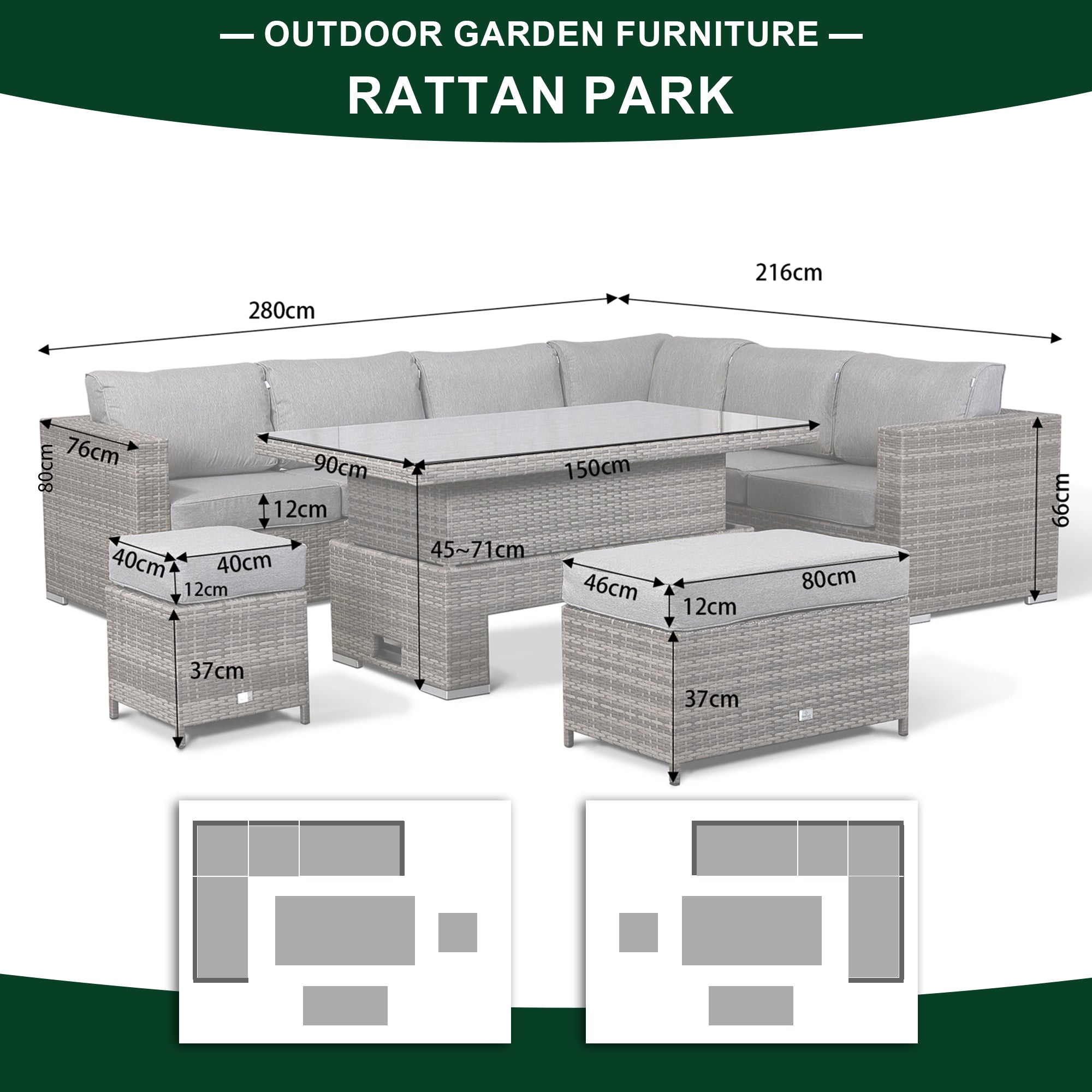 Cambridge Modular Corner Sofa Set With Rising Table in Grey Set up left or right handed