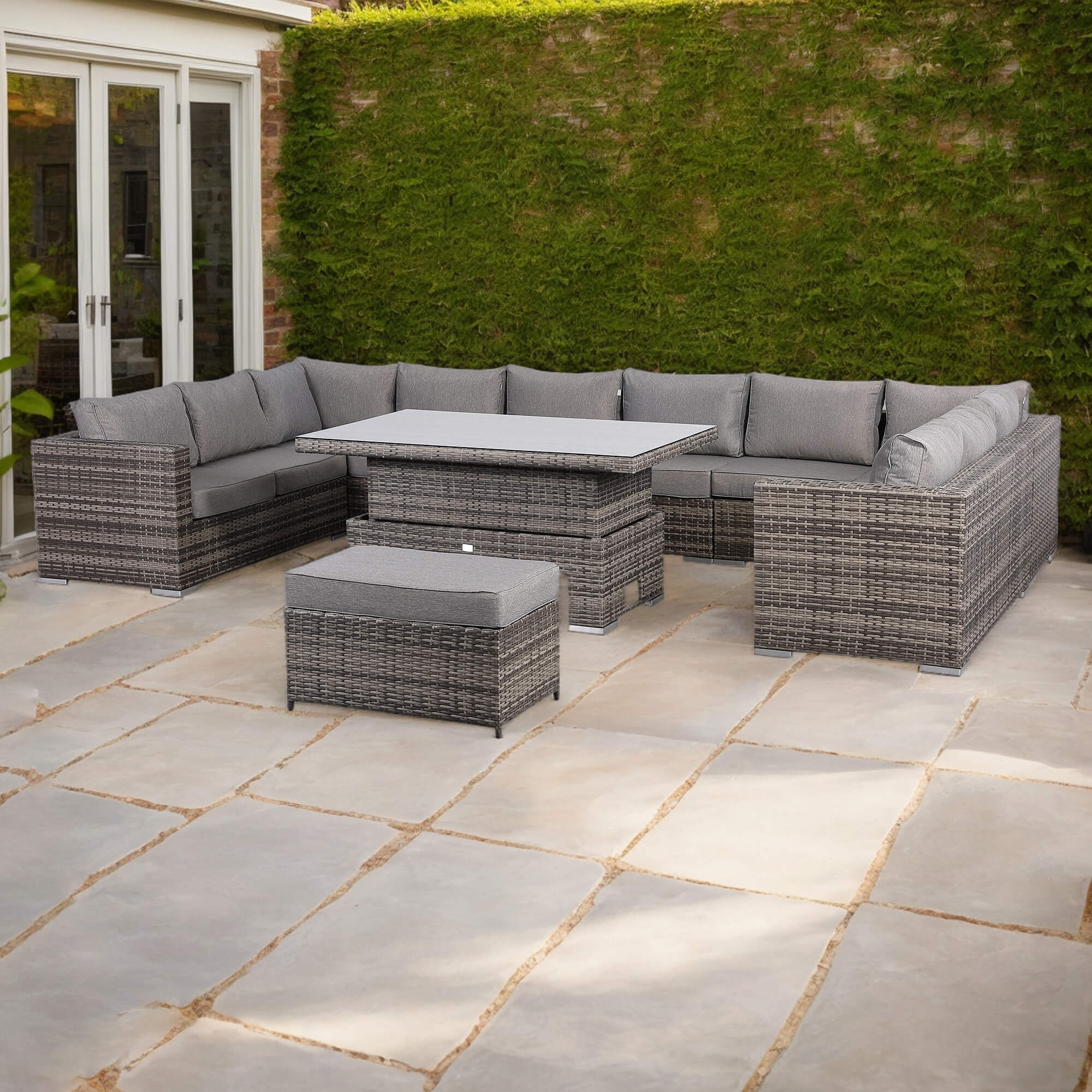 Cambridge U-Shape Modular Corner Sofa Set with Rising Table in Stone Browne Grey Weave(#431)