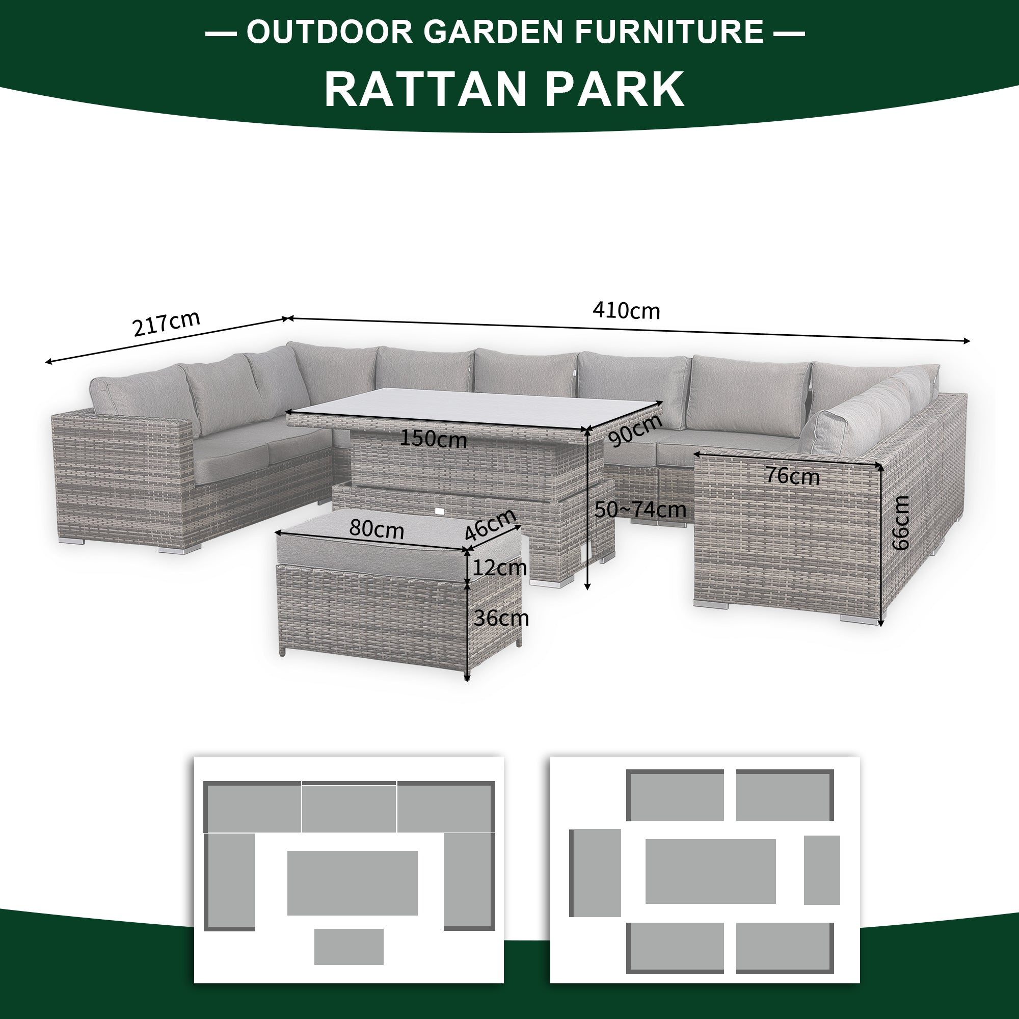 Cambridge U-Shape Modular Corner Sofa Set with Rising Table in Stone Browne Grey Weave(#431)