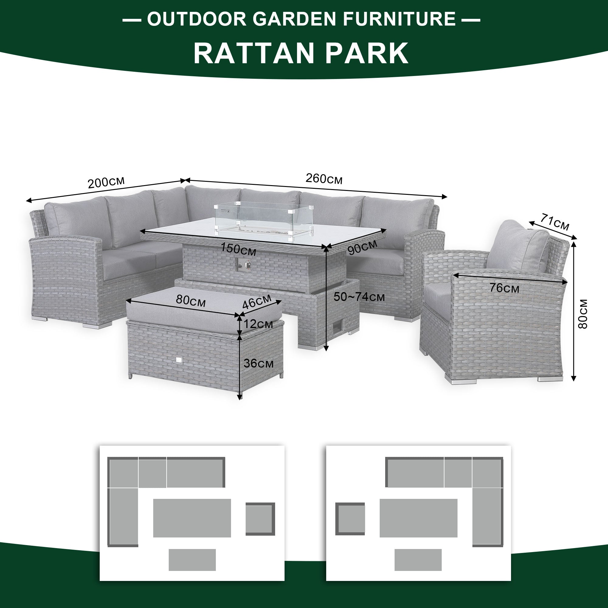 Victoria High Back Modular Corner Sofa Set & Arm Chair with Fire Pit Table in Slate Grey Weave(#529F))