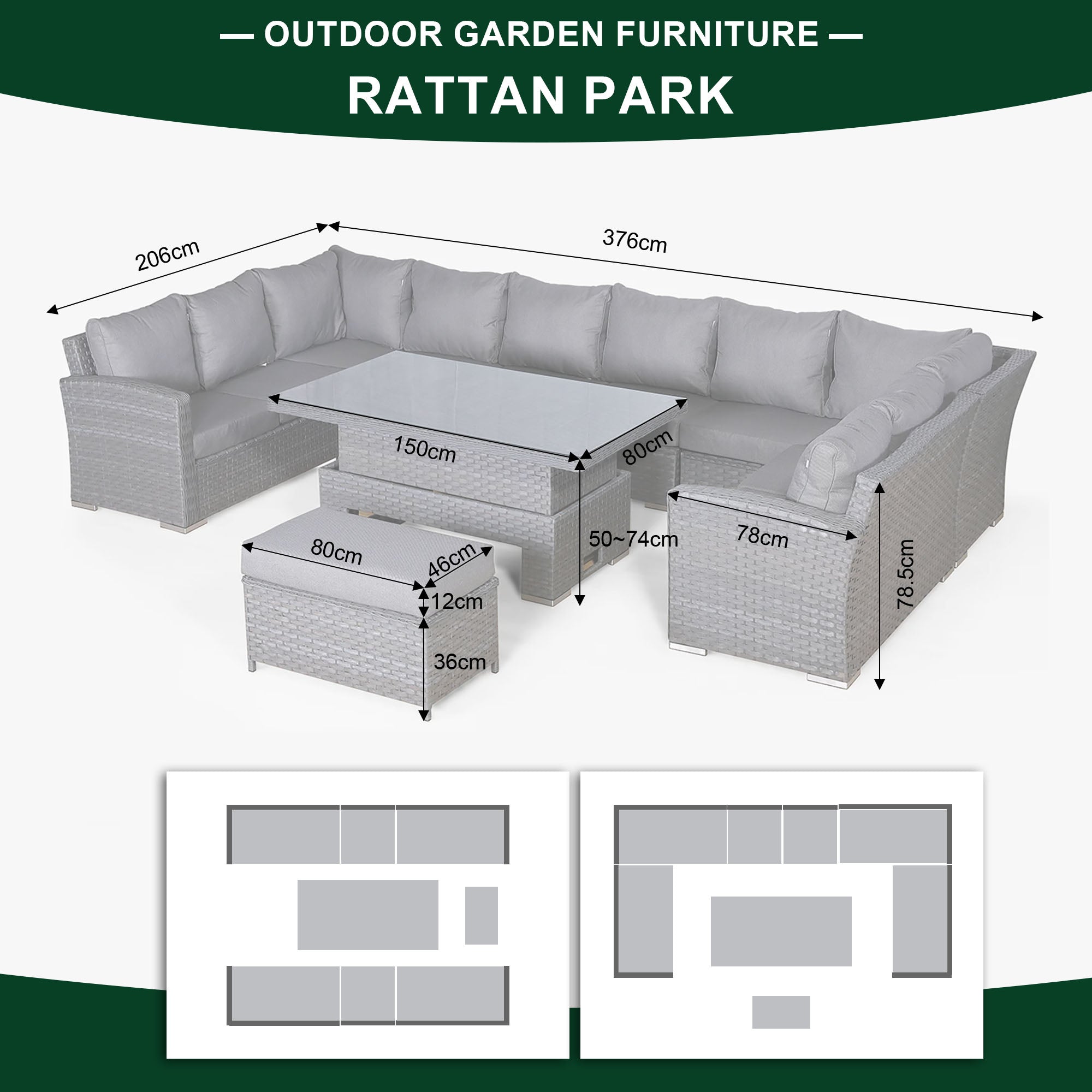 Victoria High Back Large U-Shape Corner Sofa Set with Rising Table in Slate Grey Weave(#531)