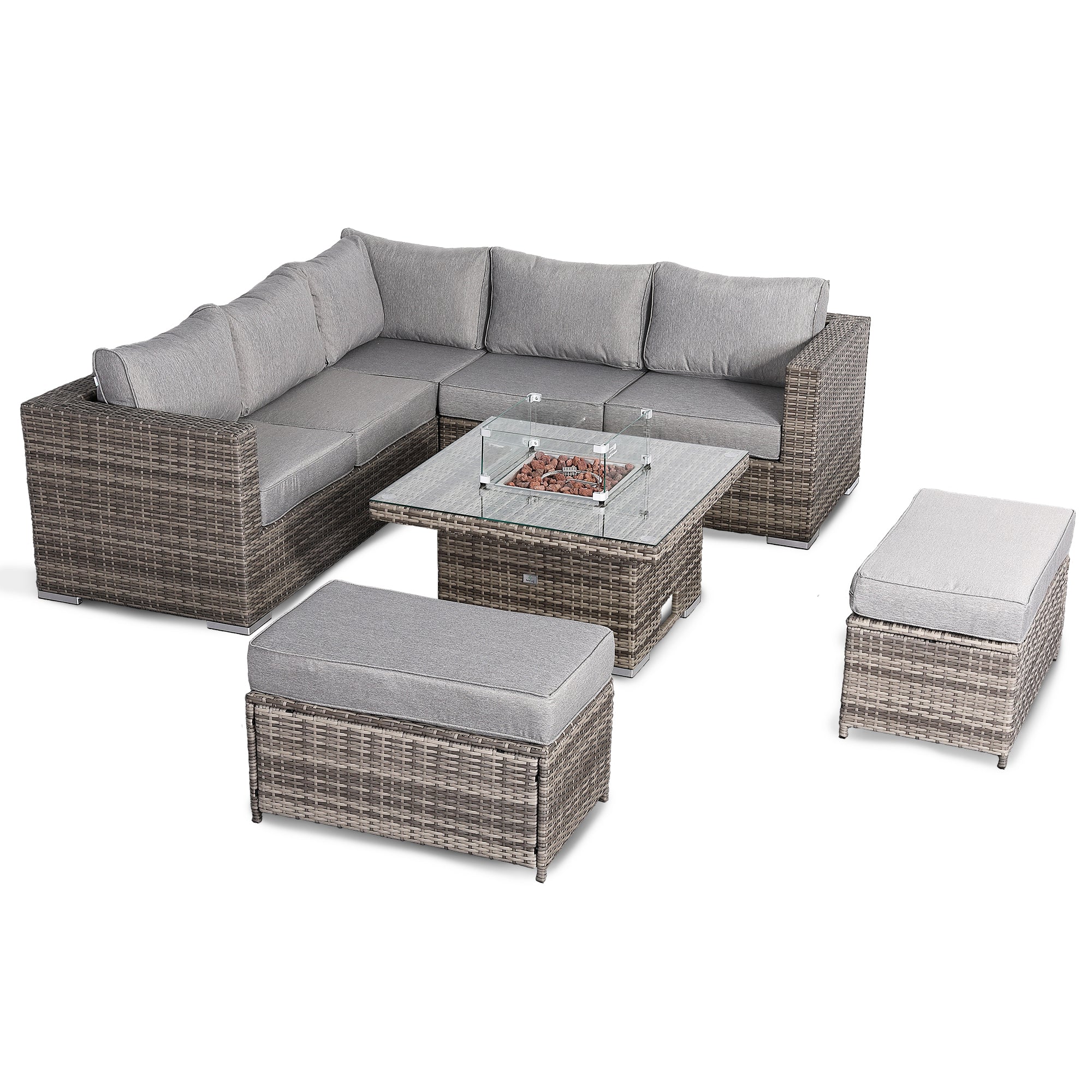 Cambridge Square Corner Sofa Set with Fire Pit Table in Stone Browne Grey weave(#411F)