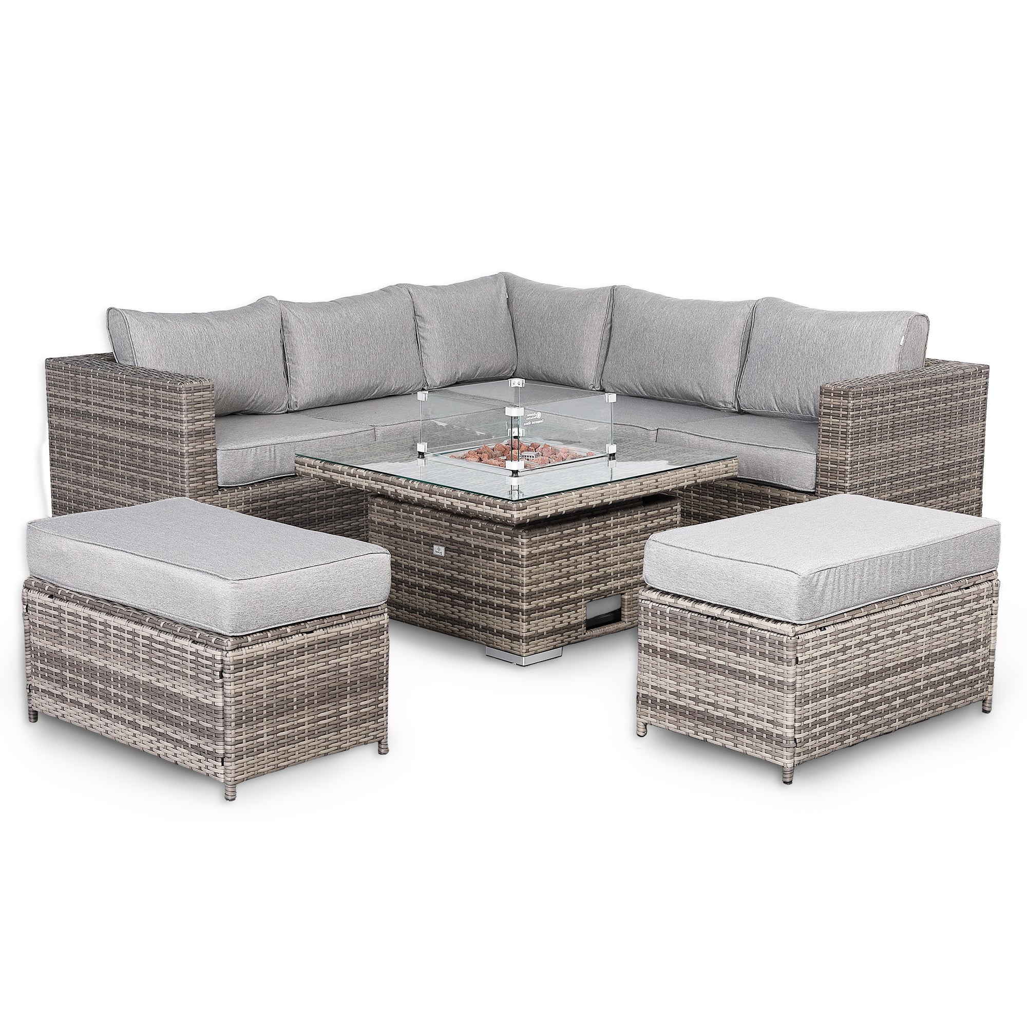Cambridge Square Corner Sofa Set with Fire Pit Table in Stone Browne Grey weave(#411F)