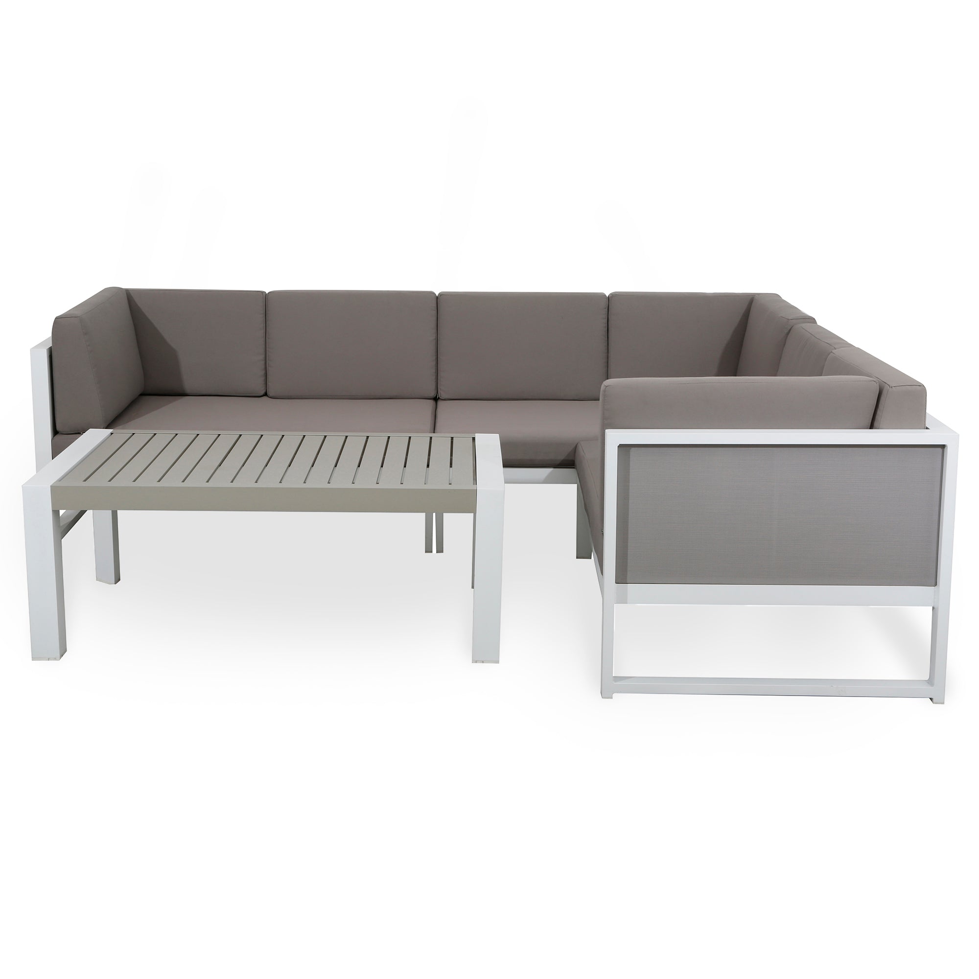 Roma Range Right Hand Corner Sofa Set in white Aluminium Frame with Grey Cushions(#AU01)