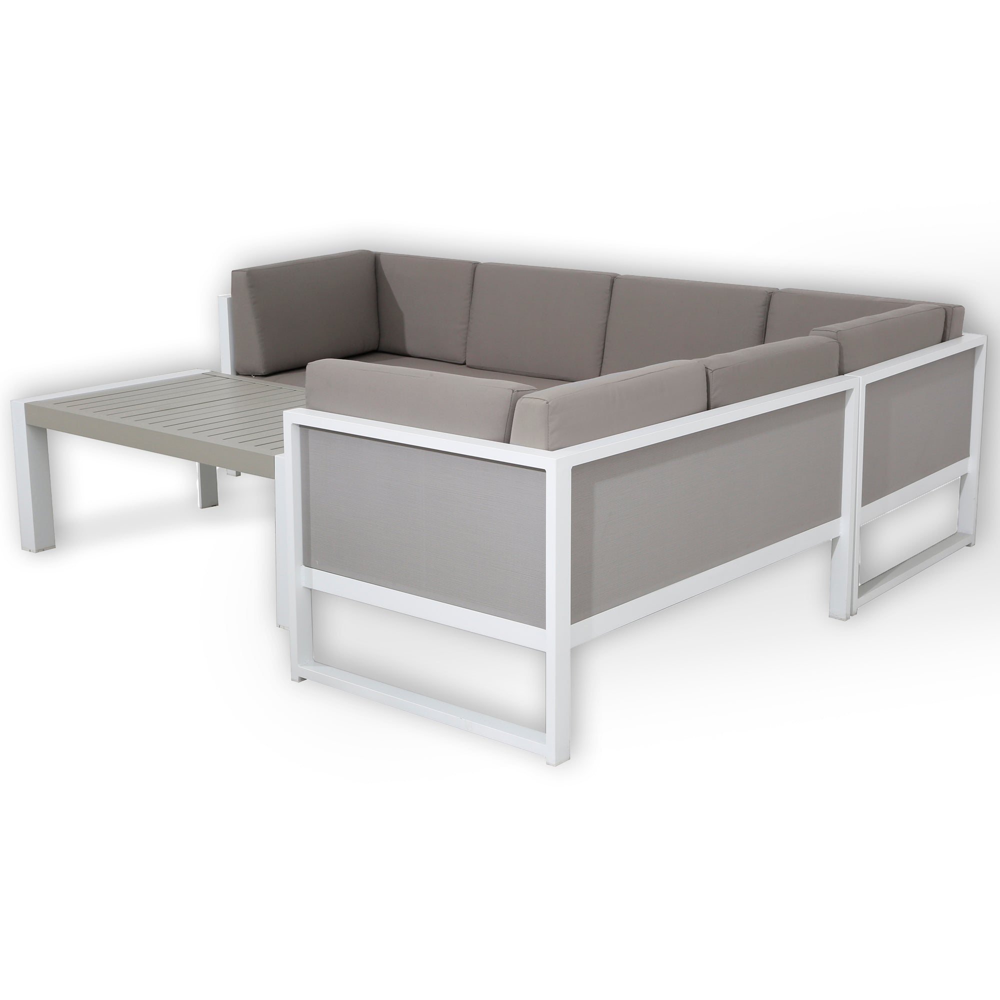Roma Range Right Hand Corner Sofa Set in white Aluminium Frame with Grey Cushions(#AU01)