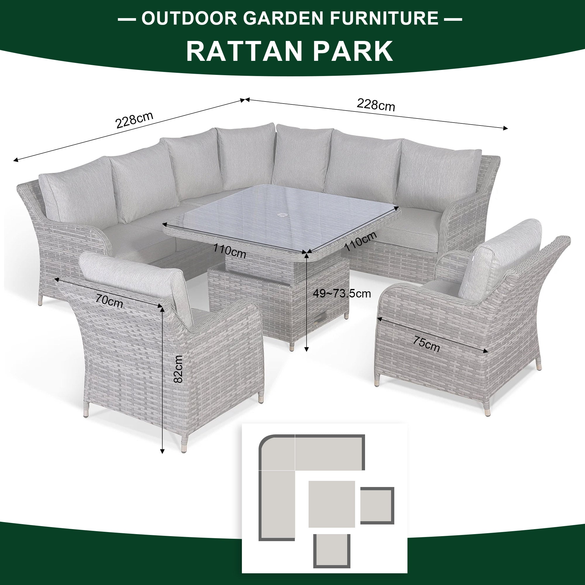 Sicily Aluminium High Back Round Corner Set with Rising Table and Two Chairs in Grey Weave(#911)