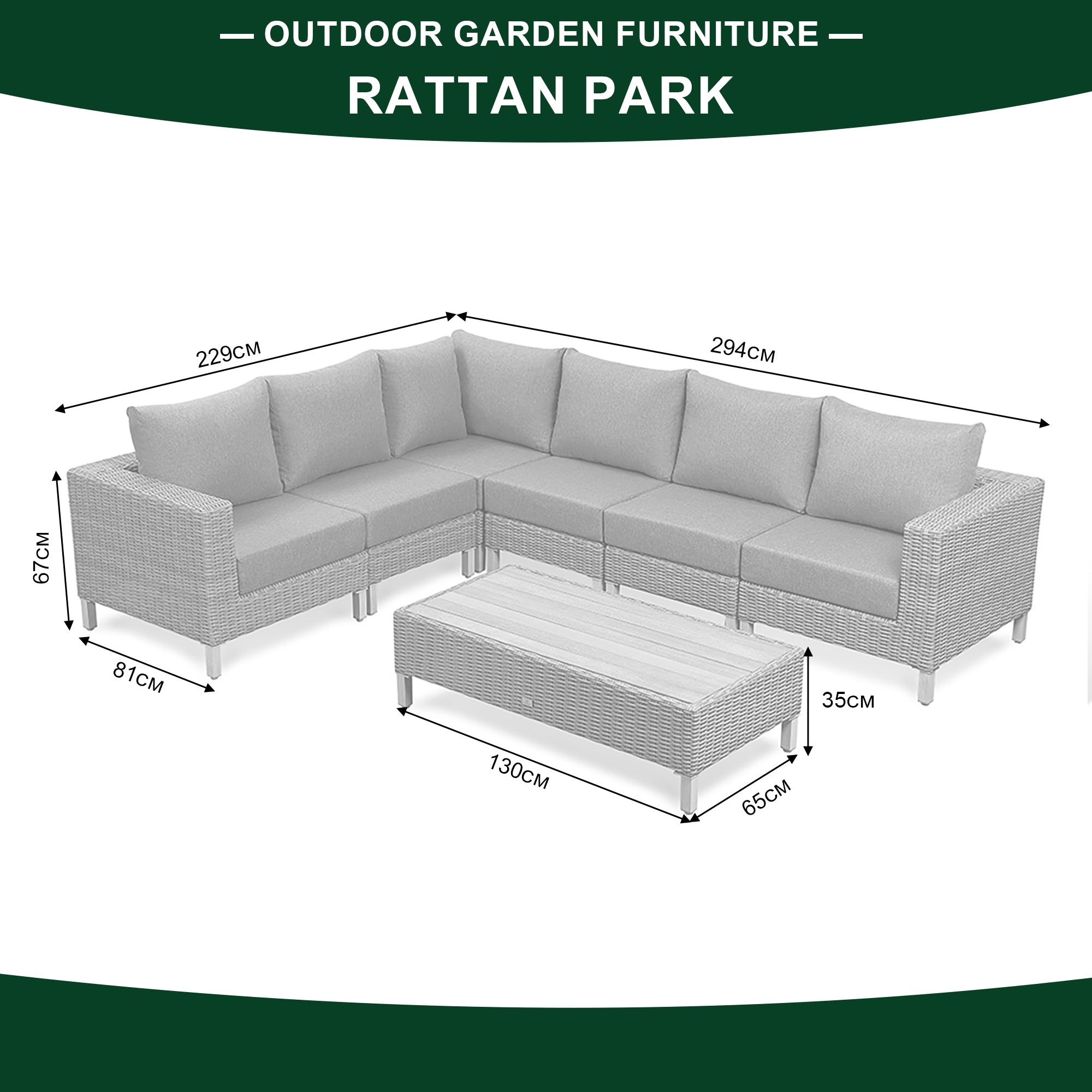 St Lawrence Range Large modular  Corner Sofa Set in Round Grey Rattan with Grey Cushions and Teak Wood Table Top(#GG18)
