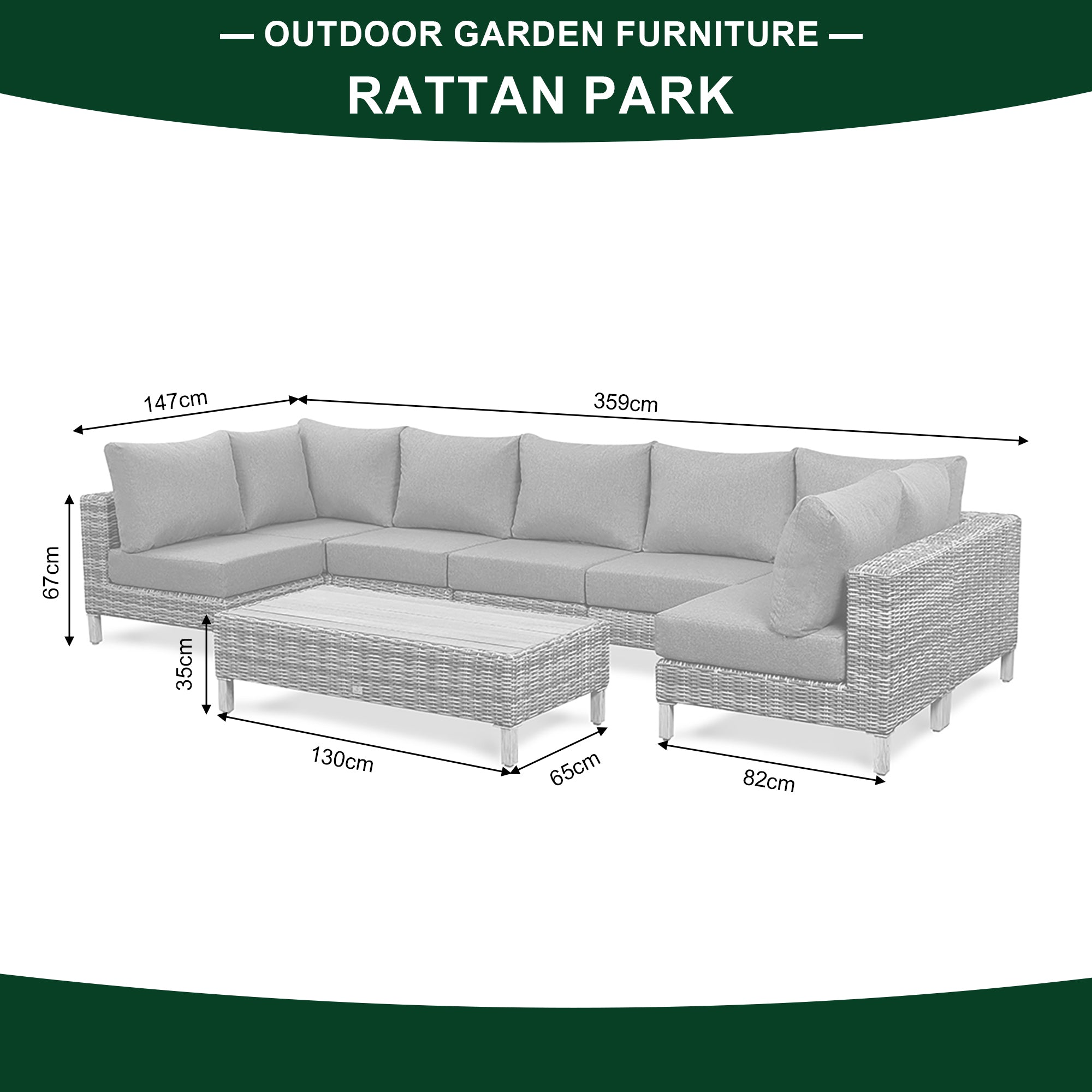 St Lawrence Range Large U-Shape modular Corner Sofa in Round Grey Rattan with Cushions and Teak Wood Table Top(#GG20)