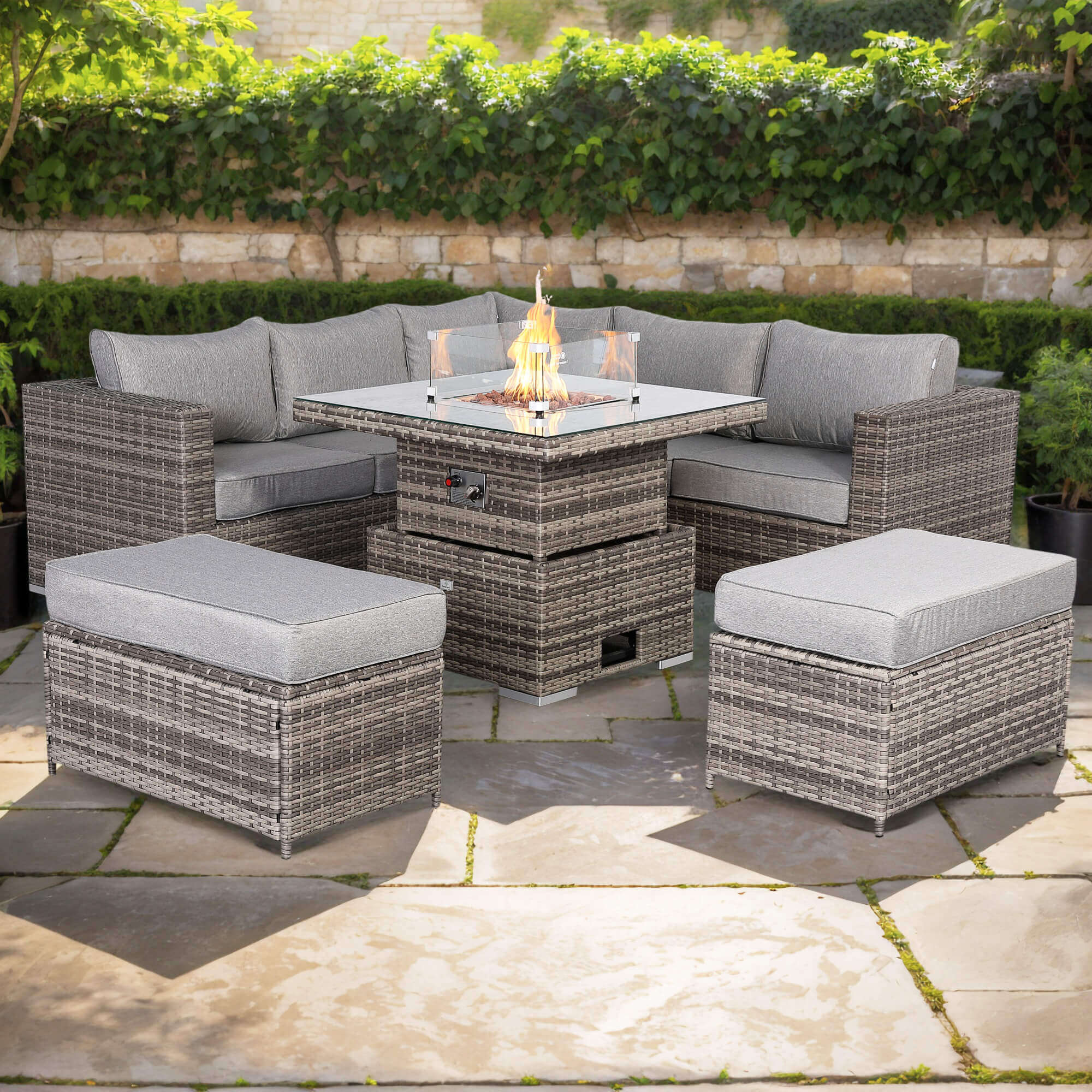 Cambridge Square Corner Sofa Set with Fire Pit Table in Stone Browne Grey weave(#411F)
