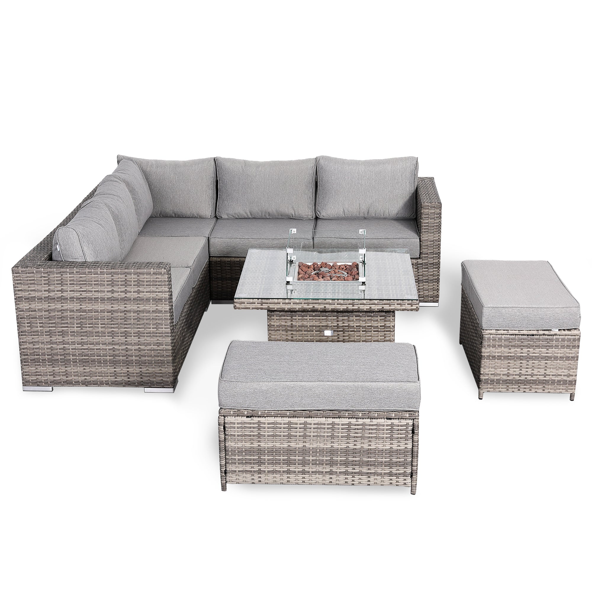 Cambridge Square Corner Sofa Set with Fire Pit Table in Stone Browne Grey weave(#411F)