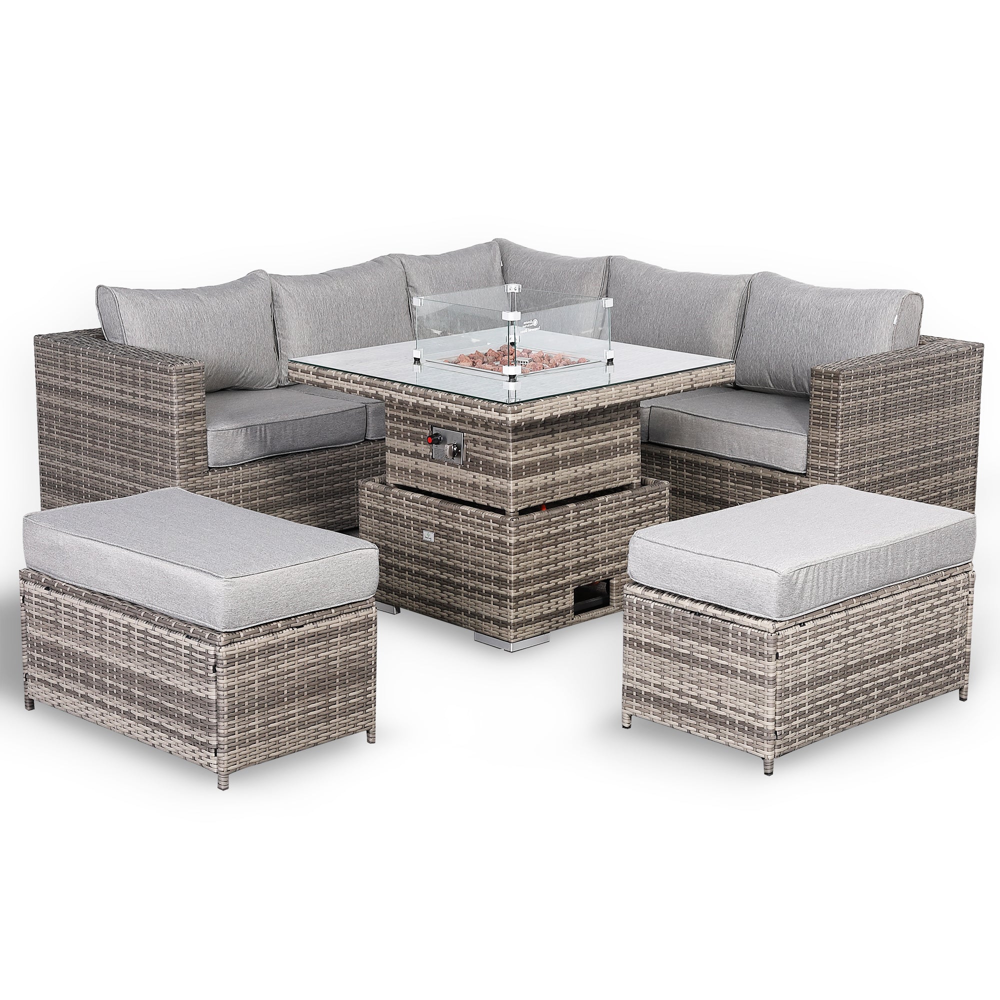 Cambridge Square Corner Sofa Set with Fire Pit Table in Stone Browne Grey weave(#411F)