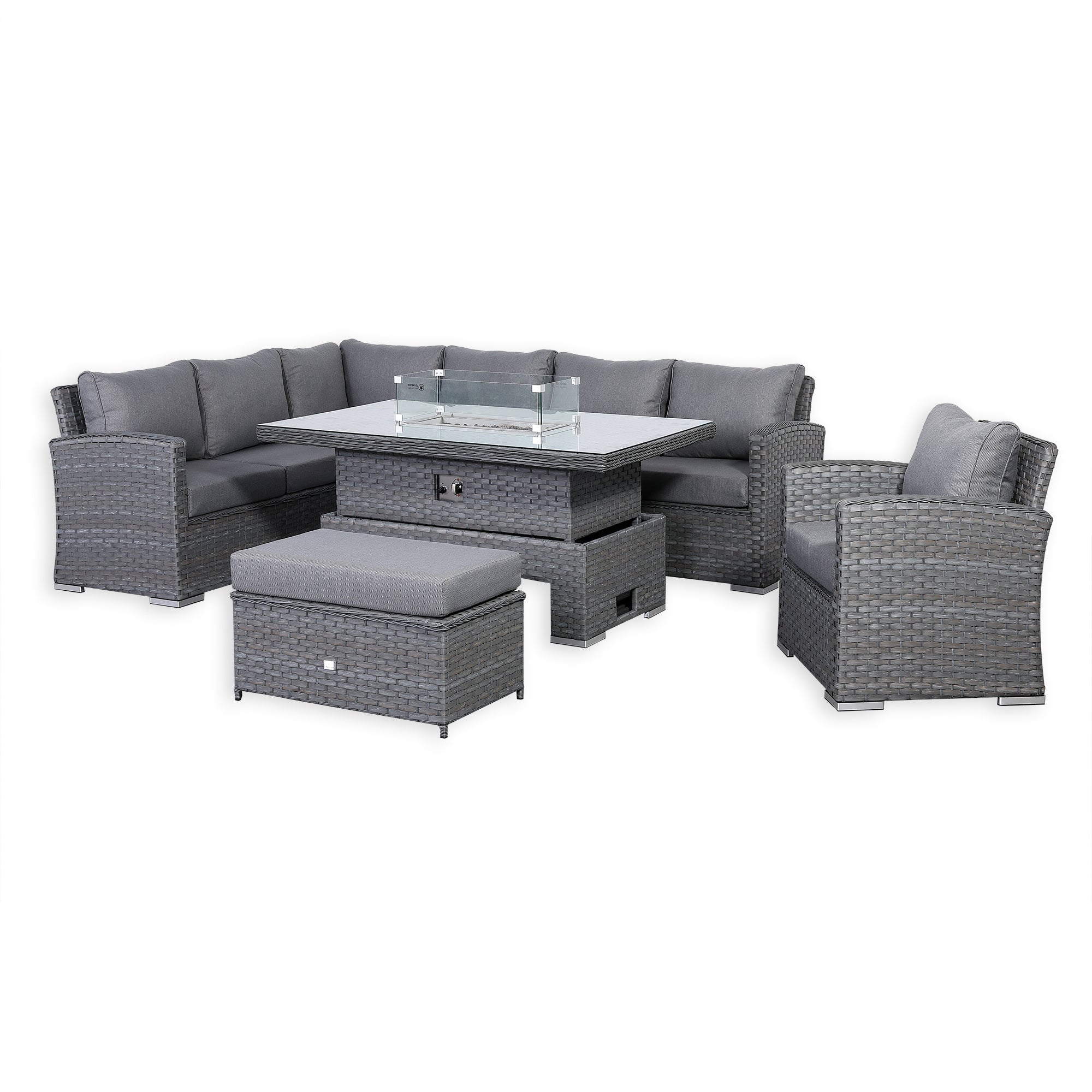 Victoria High Back Modular Corner Sofa Set & Arm Chair with Fire Pit Table in Slate Grey Weave(#529F))