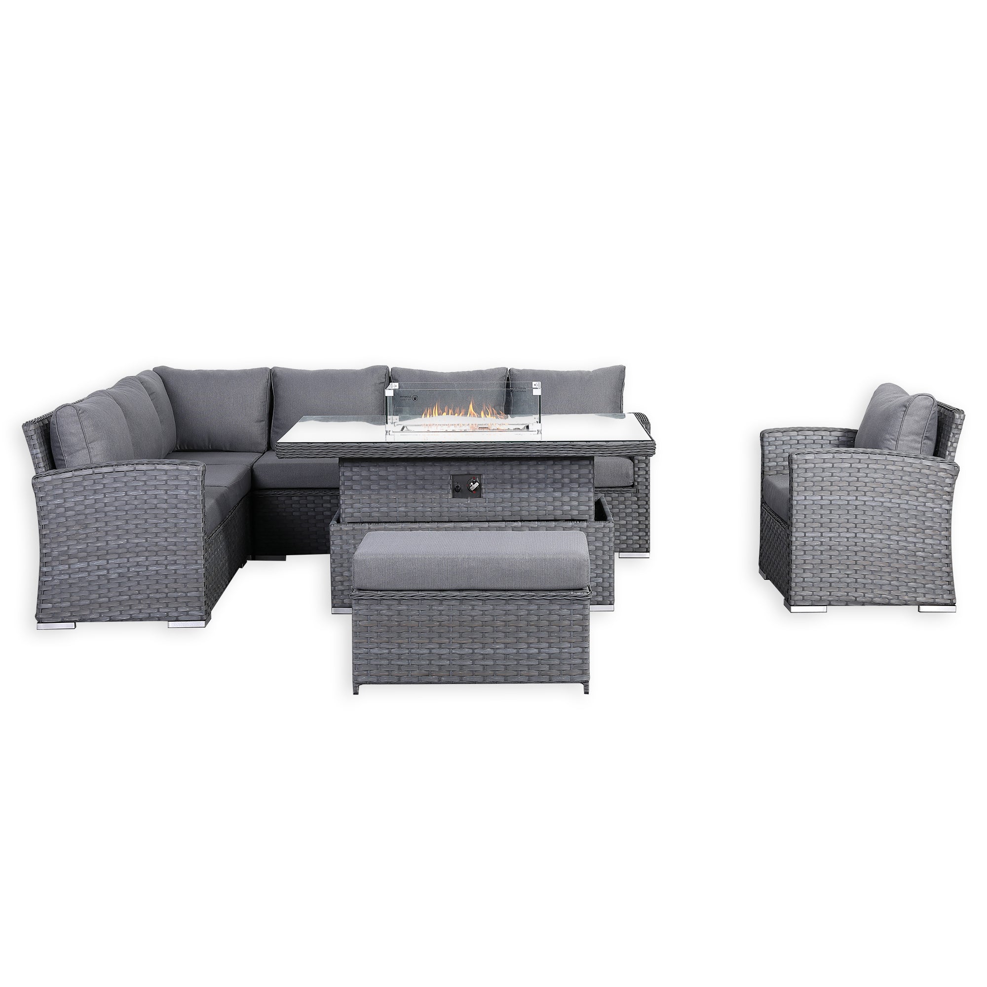 Victoria High Back Modular Corner Sofa Set & Arm Chair with Fire Pit Table in Slate Grey Weave(#529F))
