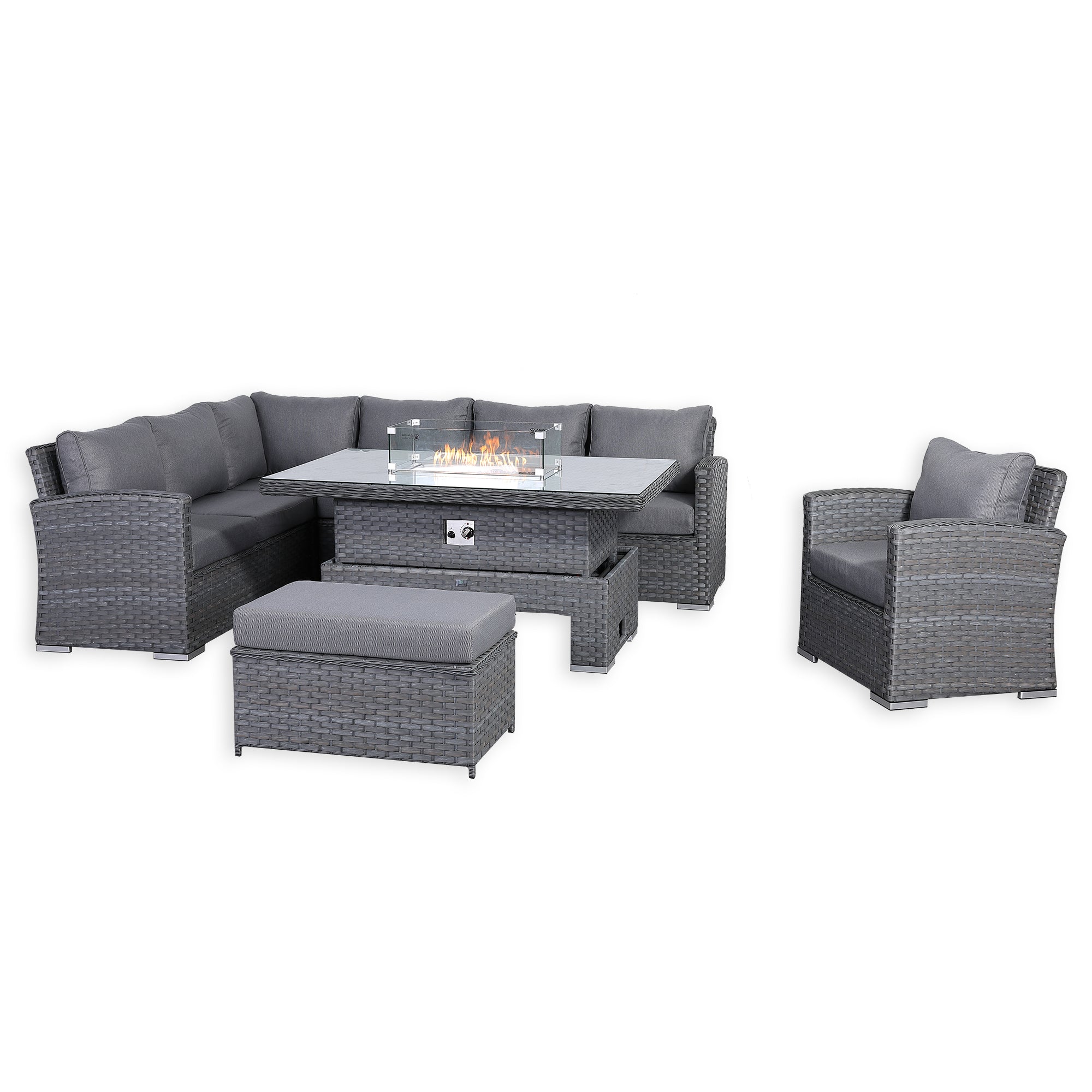 Victoria High Back Modular Corner Sofa Set & Arm Chair with Fire Pit Table in Slate Grey Weave(#529F))