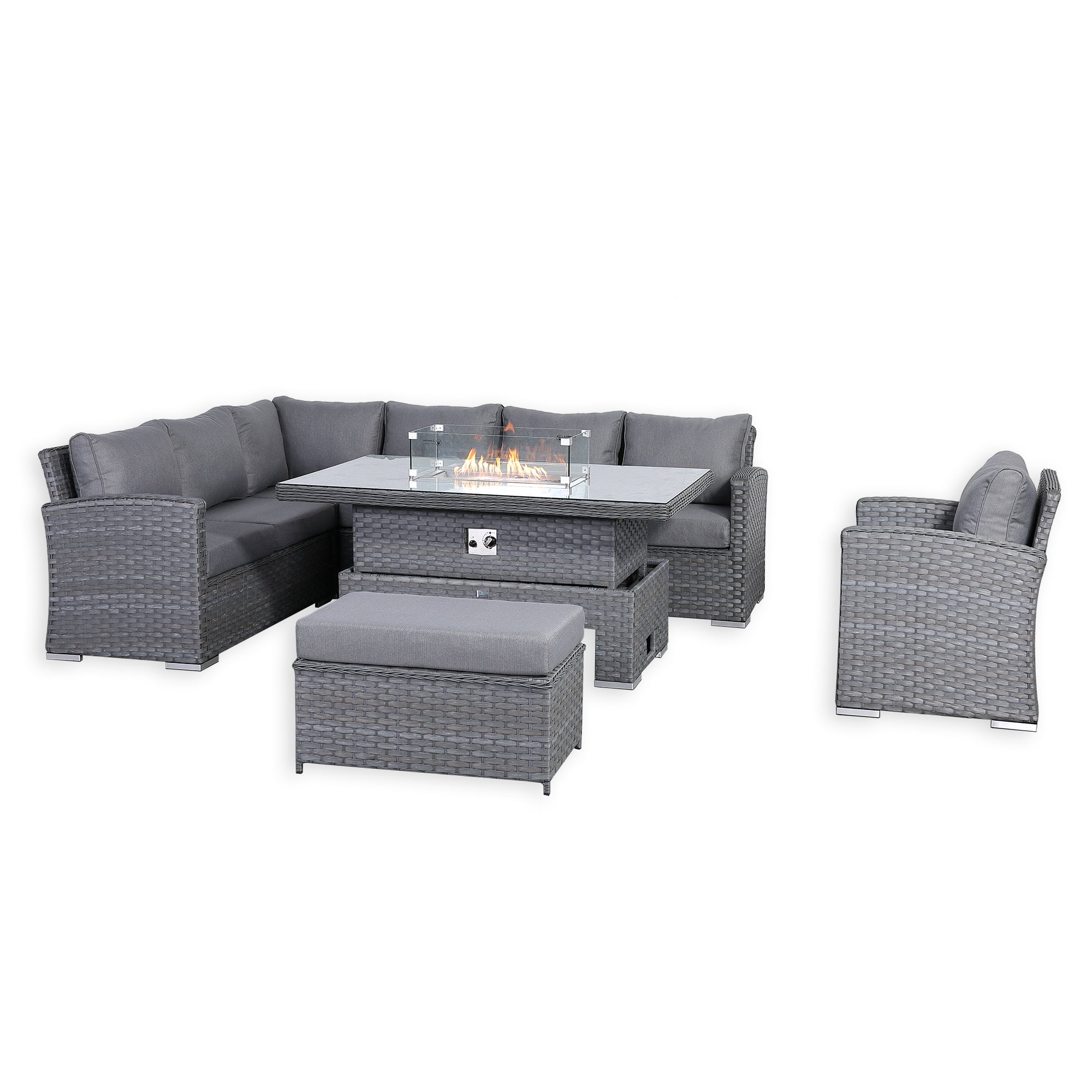 Victoria High Back Modular Corner Sofa Set & Arm Chair with Fire Pit Table in Slate Grey Weave(#529F))