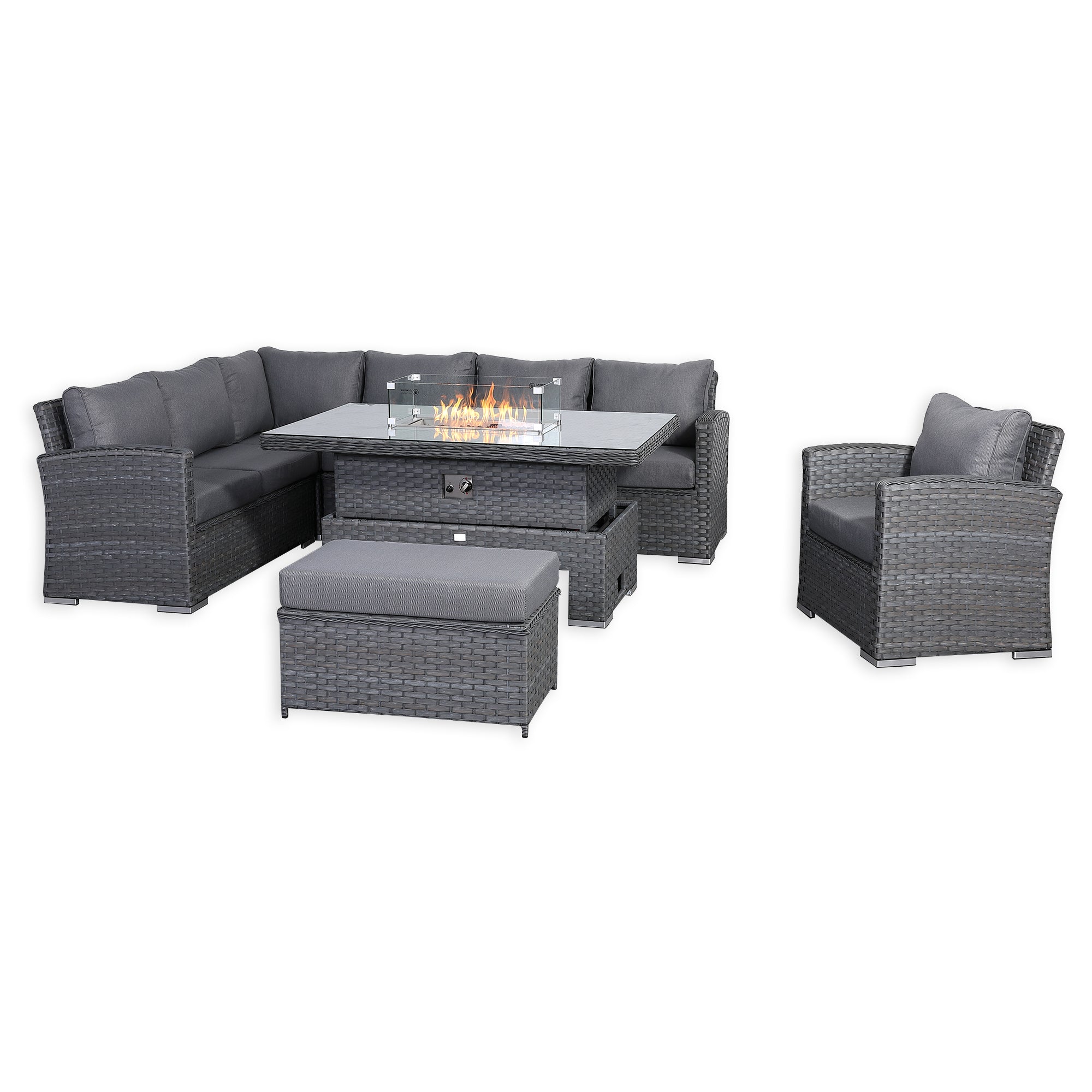 Victoria High Back Modular Corner Sofa Set & Arm Chair with Fire Pit Table in Slate Grey Weave(#529F))