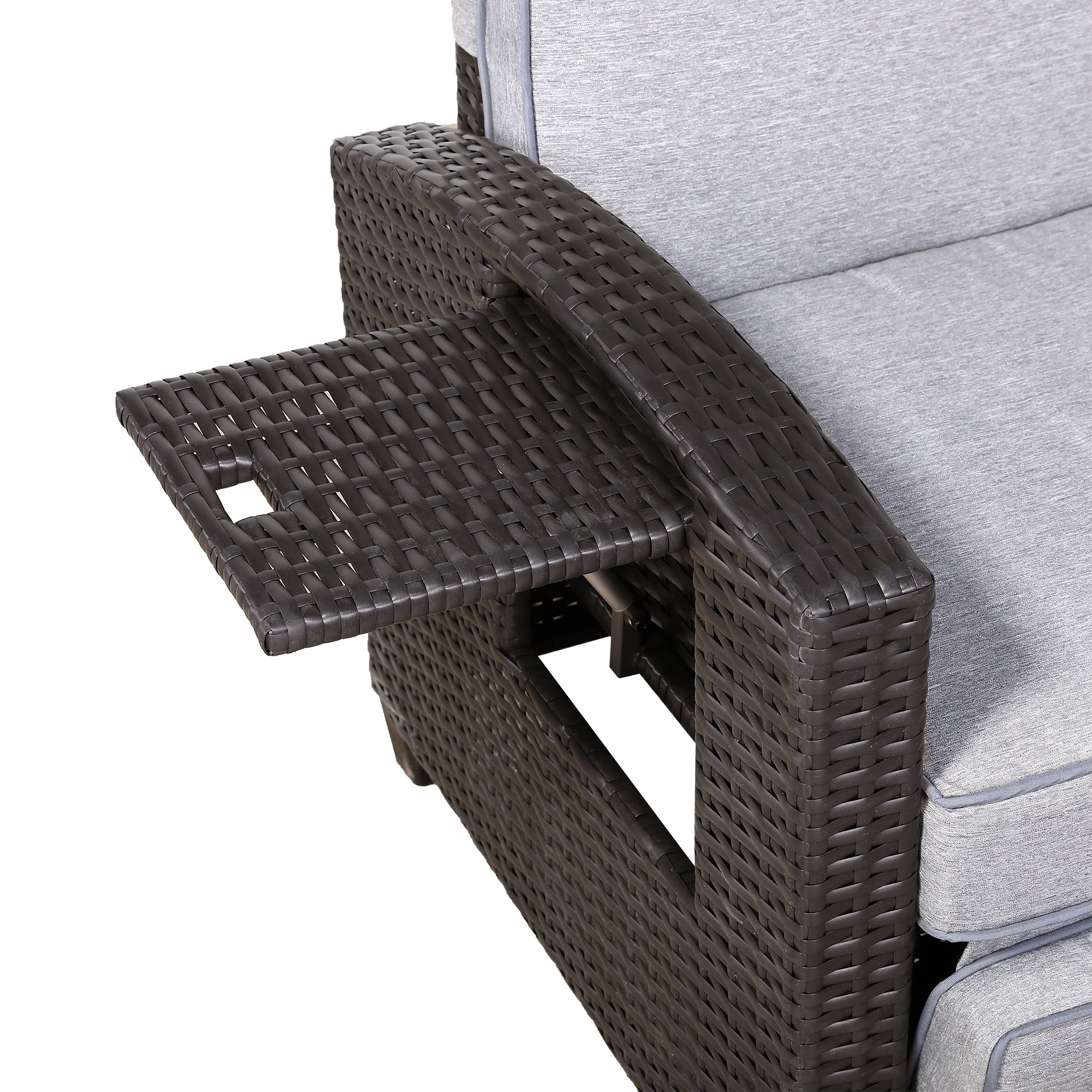 Durley Range Reclining Armchair with Flip Table in Dark Brown Weave and Grey Cushion