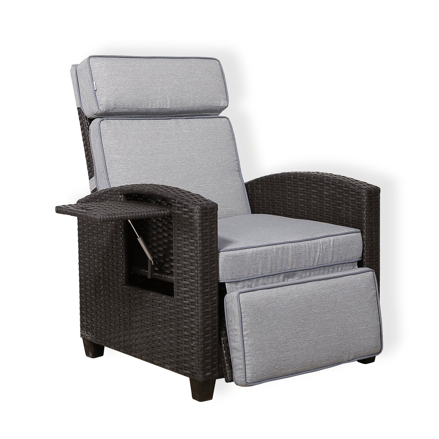 Durley Range Reclining Armchair with Flip Table in Dark Brown Weave and Grey Cushion