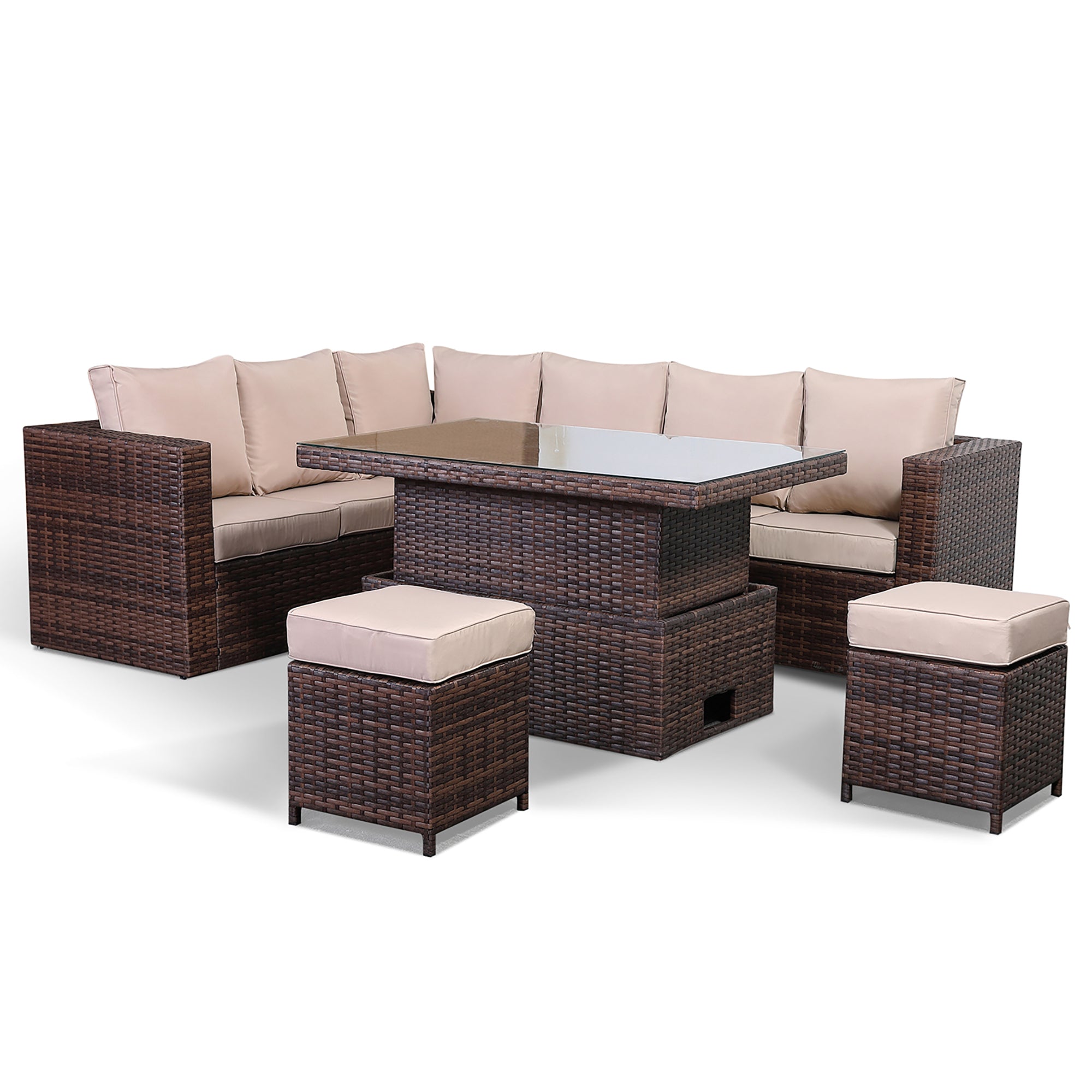 Rattan Park Range Left Hand Large Corner Set with Rising table and 2 Stools with Cushions