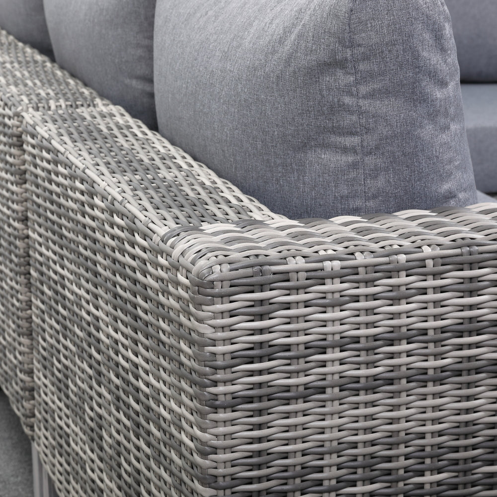 St Lawrence Range U-Shape modular Corner Sofa Set in Round Grey Rattan with Grey Cushions and Teak Wood Table Top(#GG17)