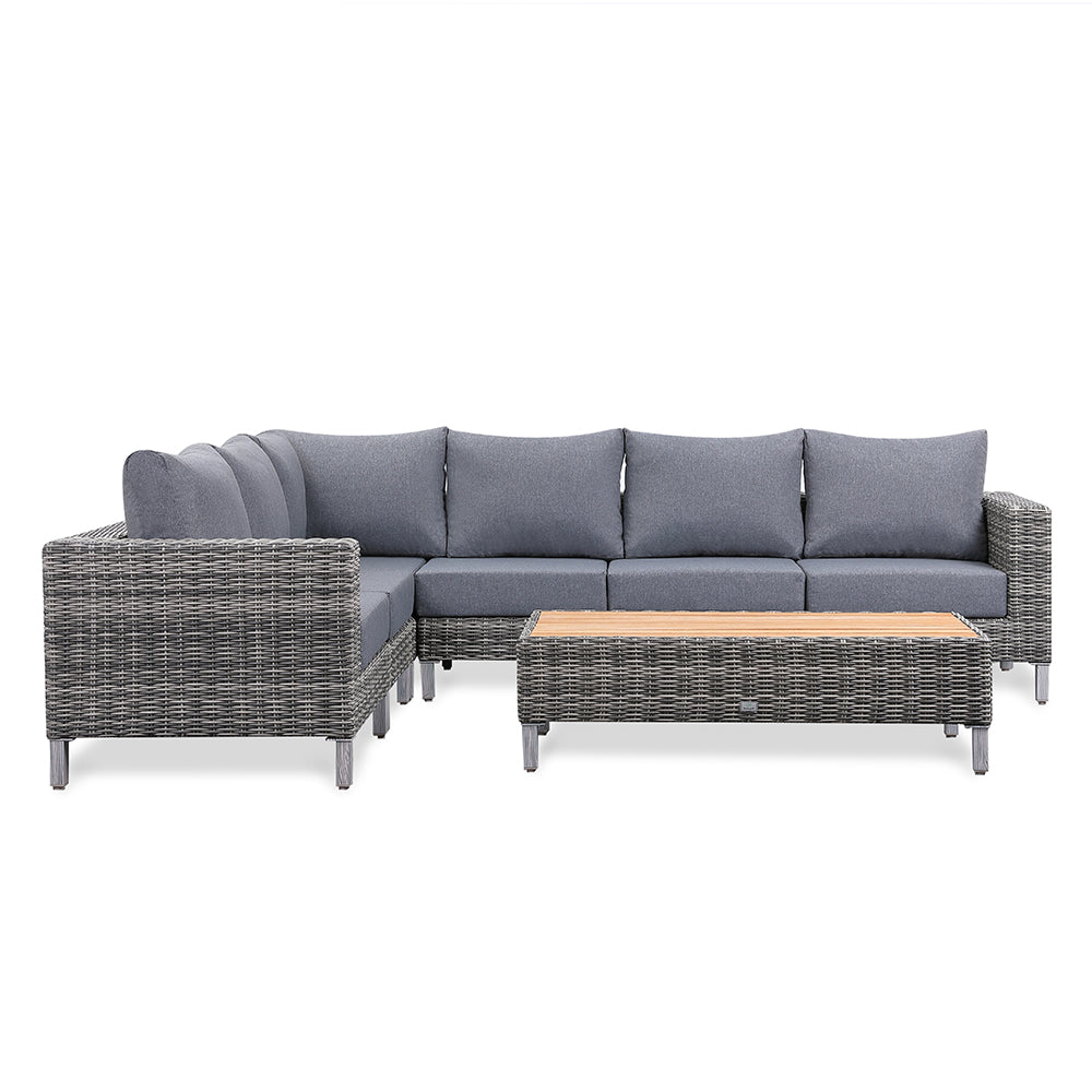 St Lawrence Range Large modular  Corner Sofa Set in Round Grey Rattan with Grey Cushions and Teak Wood Table Top(#GG18)