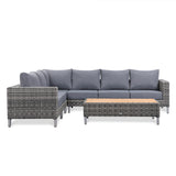 St Lawrence Range Large modular  Corner Sofa Set in Round Grey Rattan with Grey Cushions and Teak Wood Table Top(#GG18)