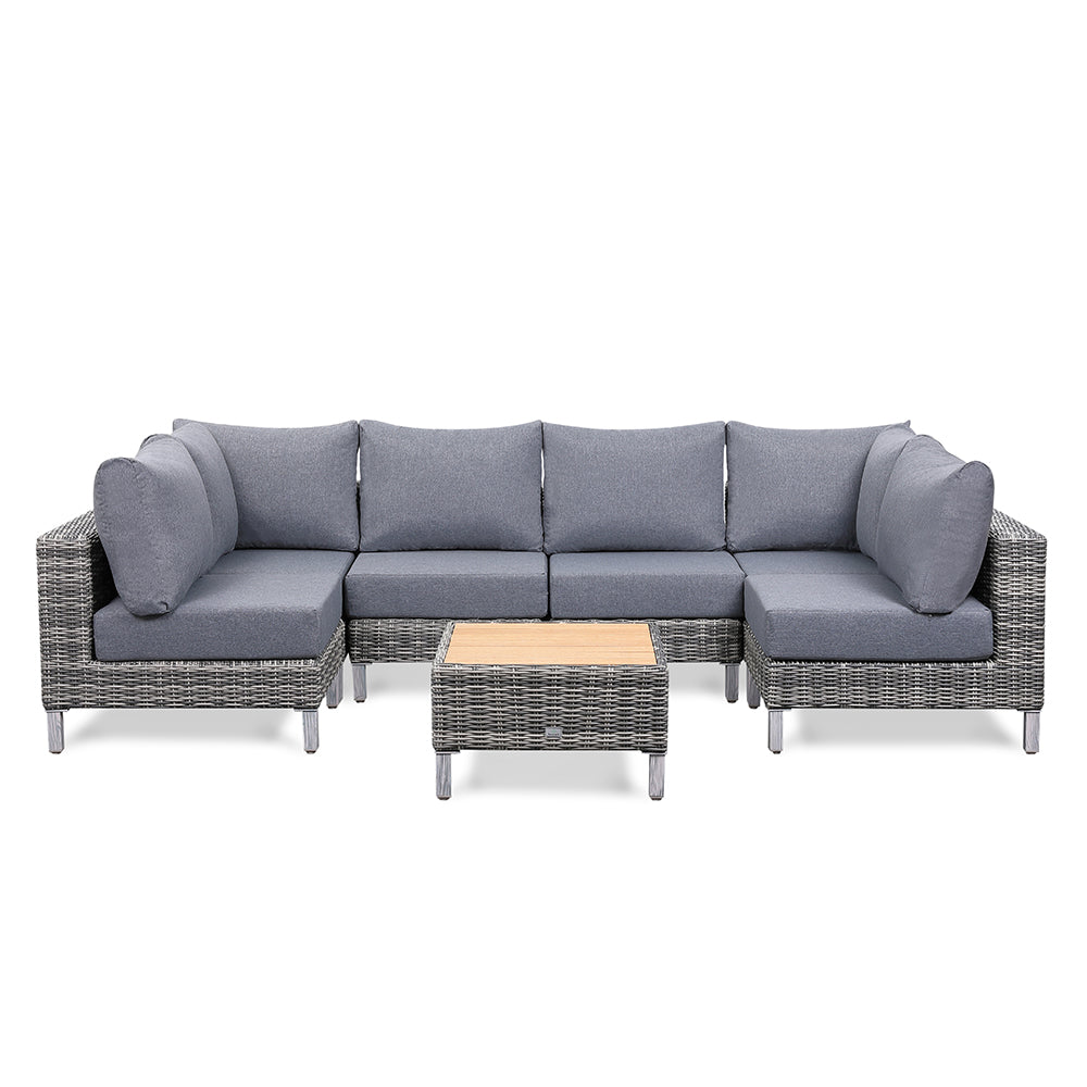 St Lawrence Range U-Shape modular Corner Sofa Set in Round Grey Rattan with Grey Cushions and Teak Wood Table Top(#GG17)