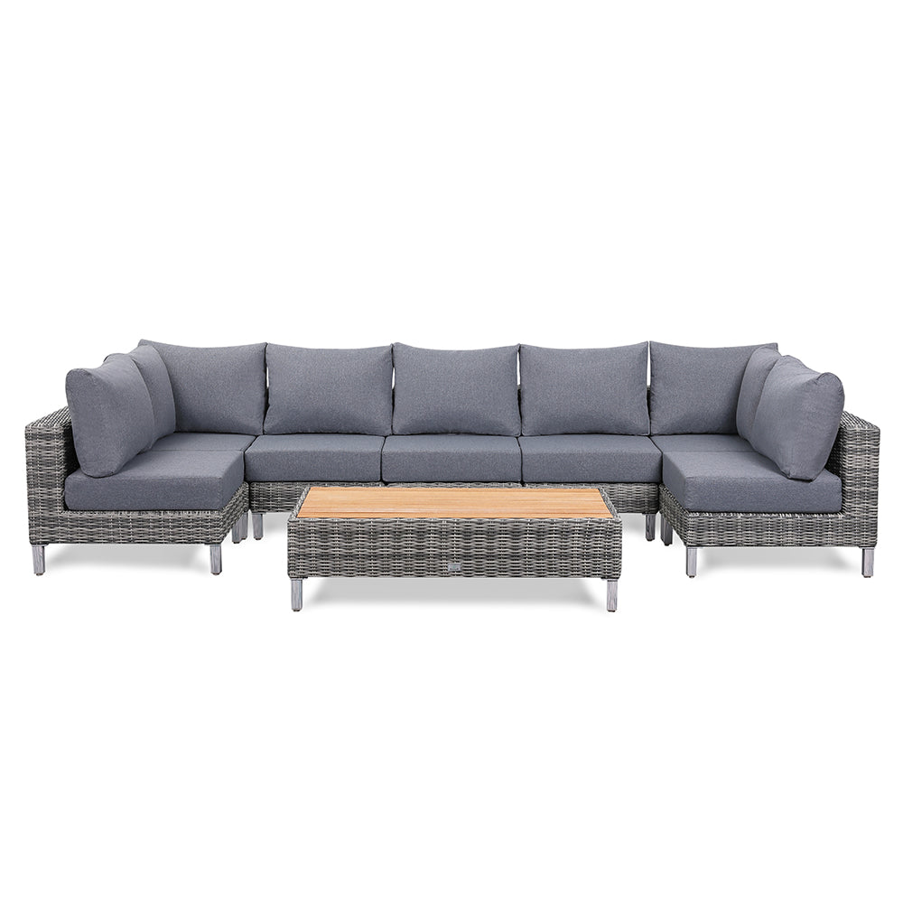 St Lawrence Range Large U-Shape modular Corner Sofa in Round Grey Rattan with Cushions and Teak Wood Table Top(#GG20)