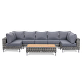 St Lawrence Range Large U-Shape modular Corner Sofa in Round Grey Rattan with Cushions and Teak Wood Table Top(#GG20)