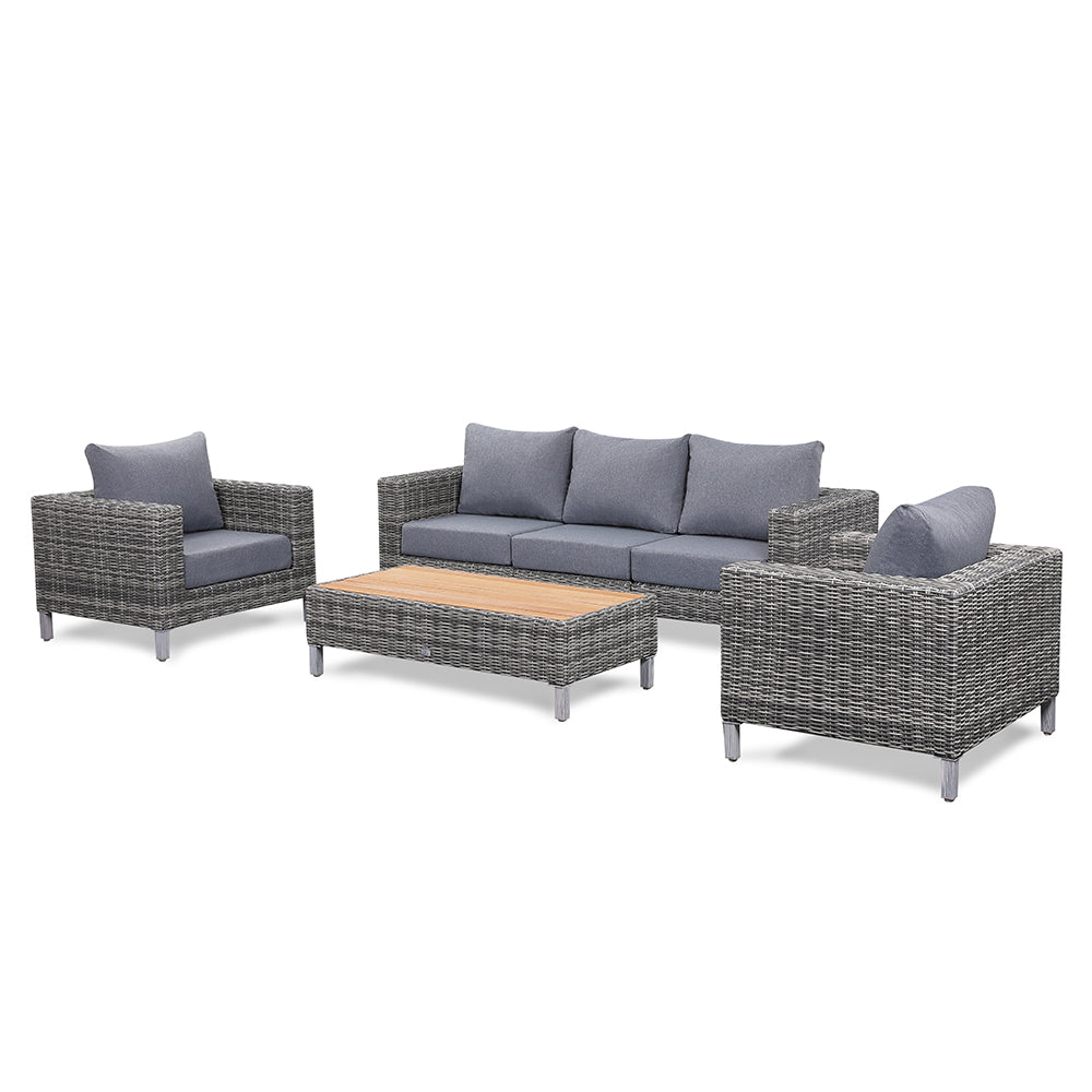 St Lawrence Range Large modular Sofa Set in Round Grey Rattan with Cushions and Teak Wood Table Top(#GG19)