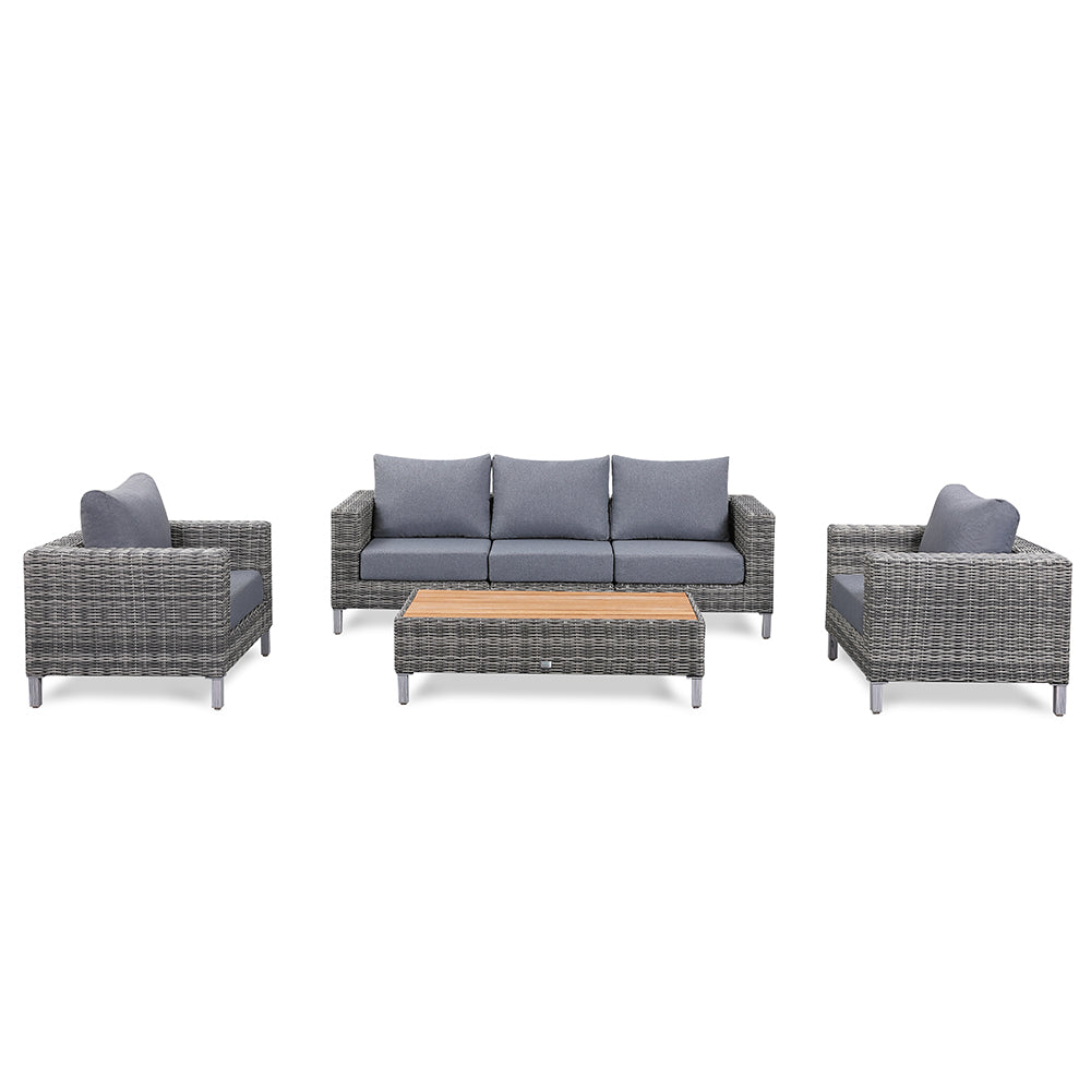 St Lawrence Range Large modular Sofa Set in Round Grey Rattan with Cushions and Teak Wood Table Top(#GG19)