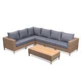 St Lawrence Range large modular  Corner Sofa Set in Round Brown Rattan with Cushions and Teak Wood Table Top(#BG03)