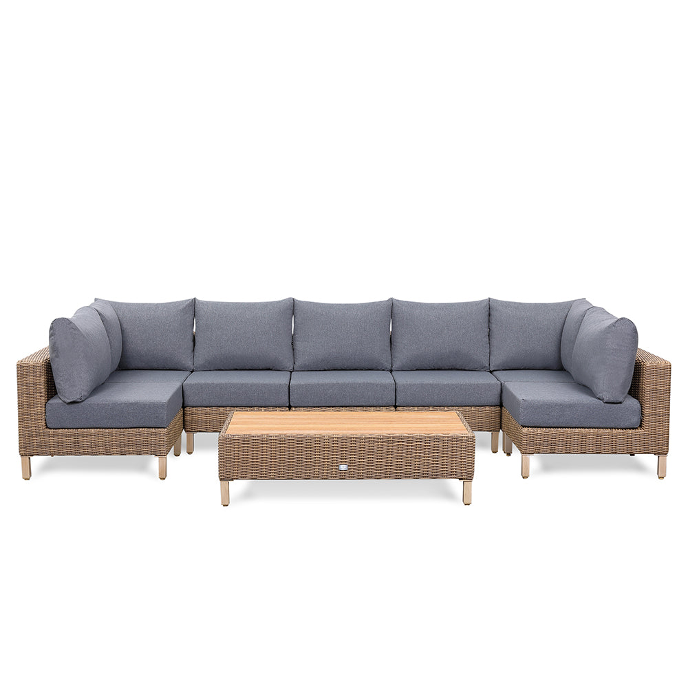 St Lawrence Range Large Modular U-Shape Corner Sofa in Round Brown Rattan with Cushions and Teak Wood Table Top(#BG05)